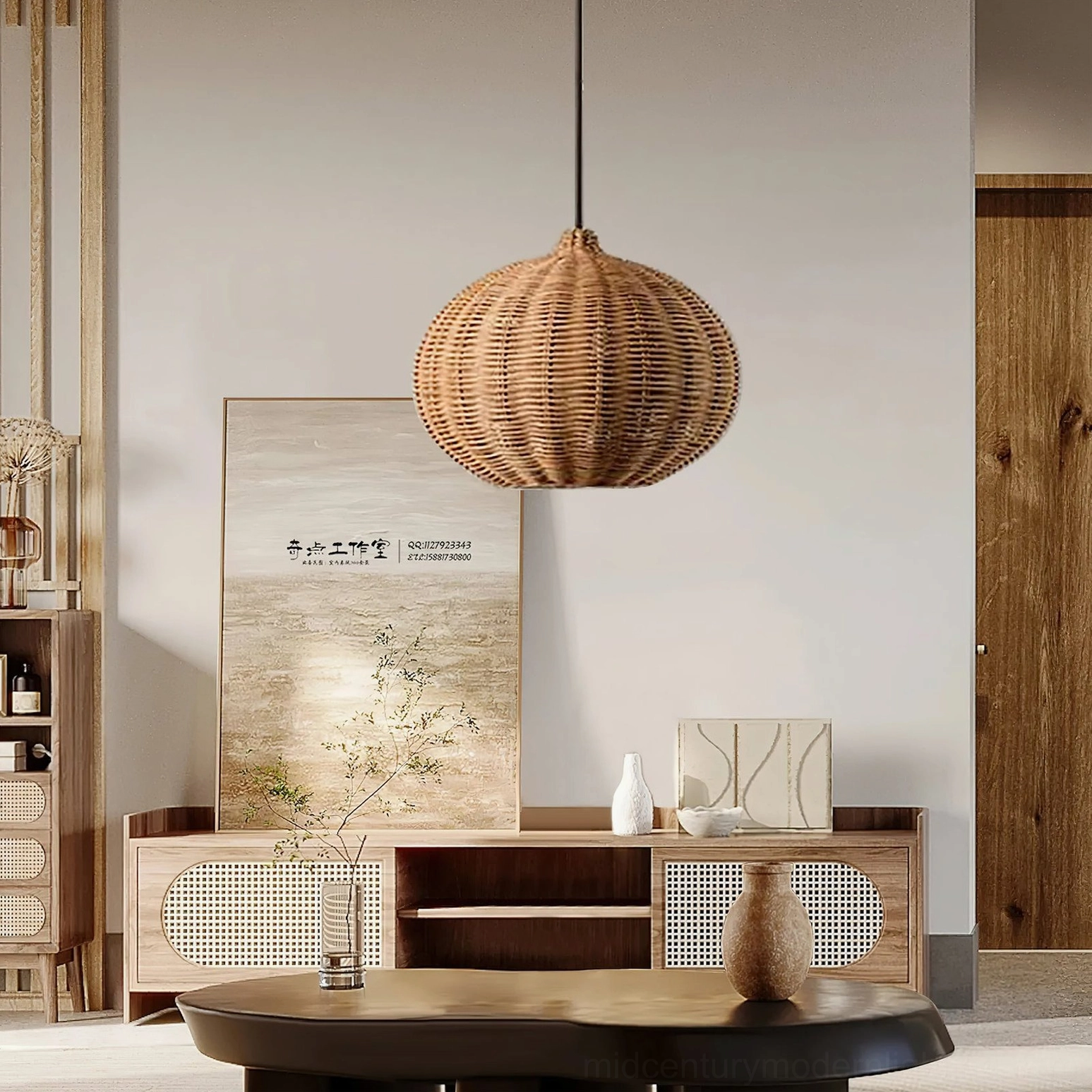 Rattan pendant light shades in natural finish with black metal hardware, showing three distinct geometric silhouettes