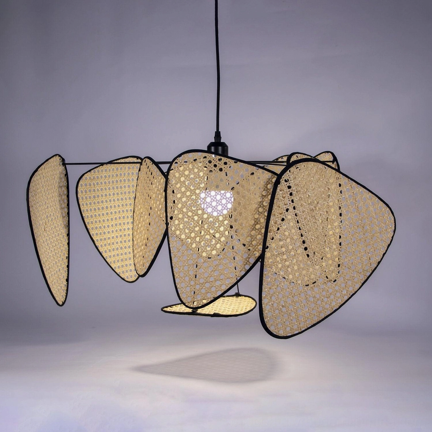Screen cannage pendant light above kitchen island, modern minimalist interior design styling