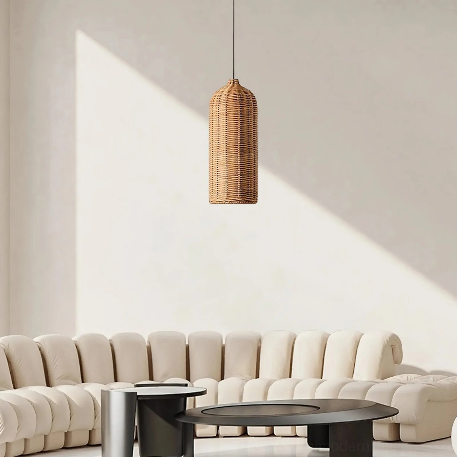 Hand-woven rattan pendant light arranged in modern interior setting, showcasing mid-century design aesthetic