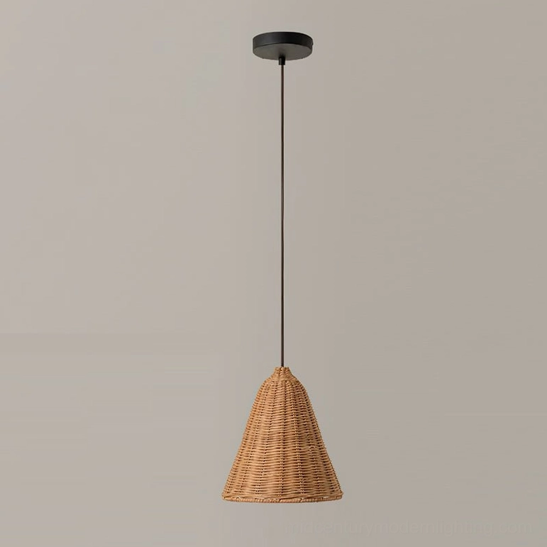 Single hand-woven rattan pendant light shade in natural tan with black metal base, minimal studio background
