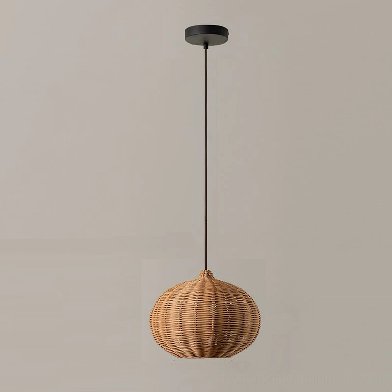 Generously proportioned sphere rattan pendant light shade in natural weave with black metal framework detail