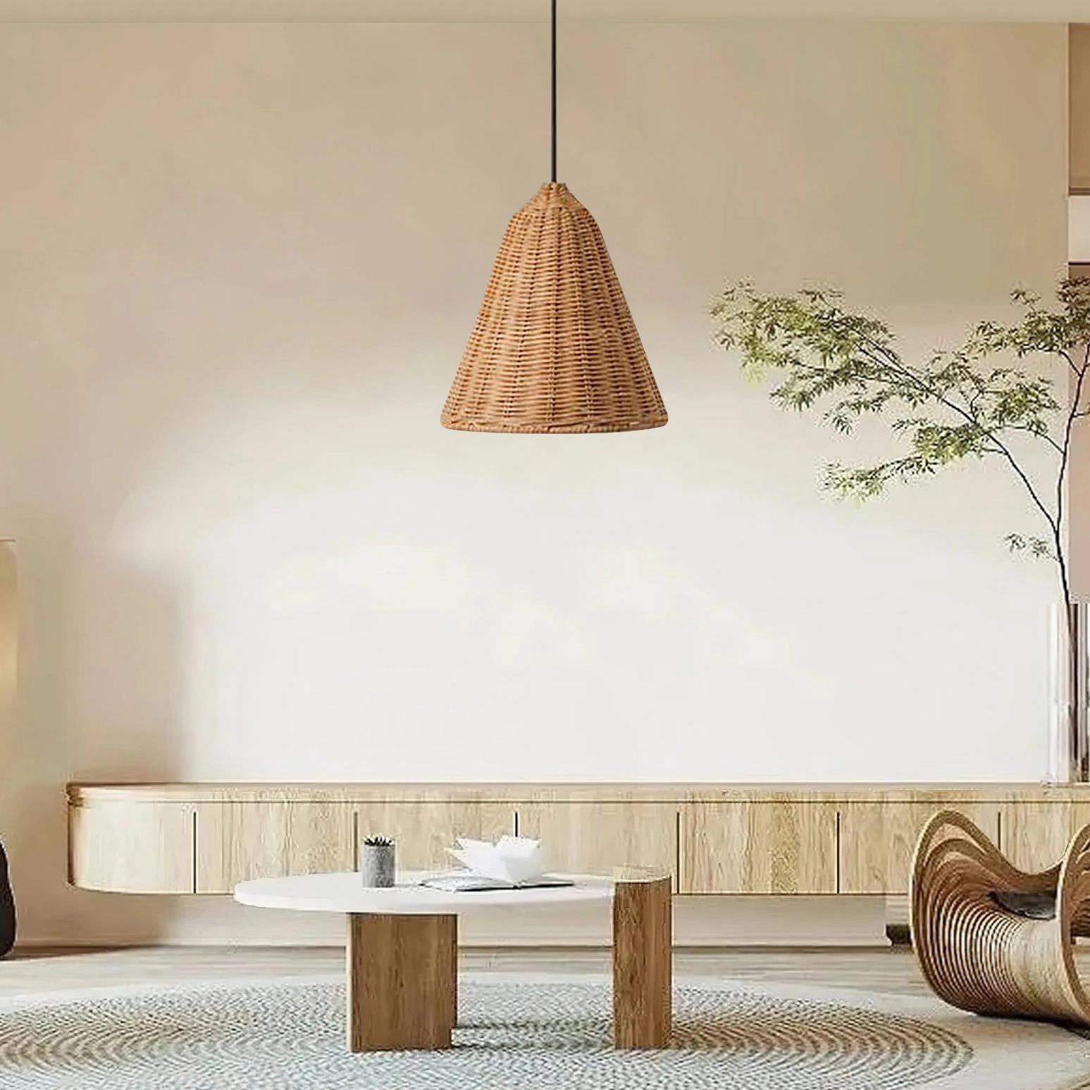 Hand-woven rattan pendant light installation detail showing suspension mechanism and ceiling mounting hardware