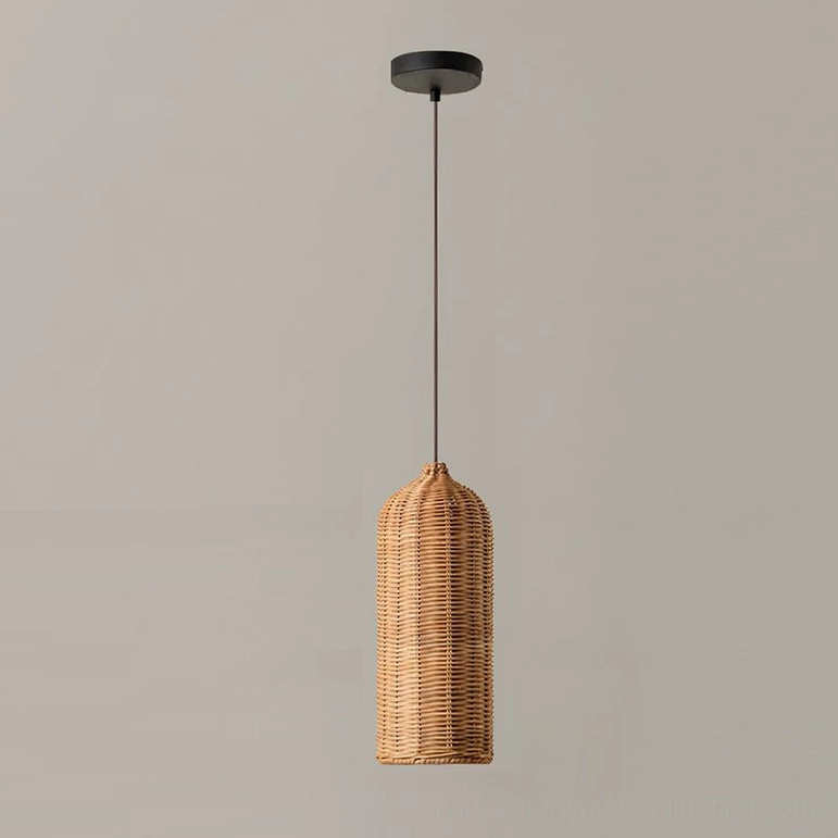 Hand-woven rattan pendant light in tapered cone design with natural finish and black hardware, frontal view