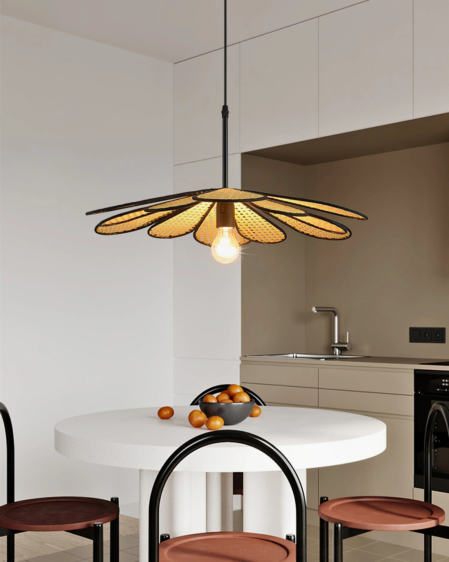 Size comparison of handwoven rattan flower pendants in multiple diameter options for different room scales