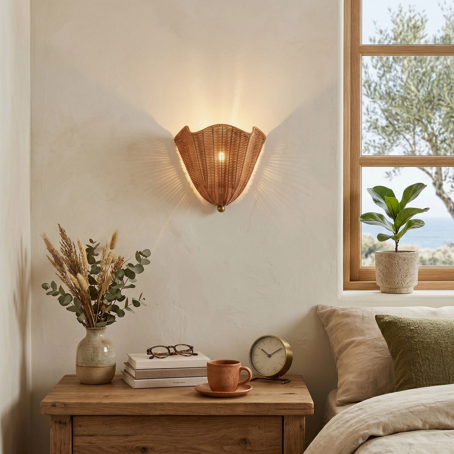 Sarasota rattan wall sconce installed above bedside table in coastal bedroom, casting warm patterned light