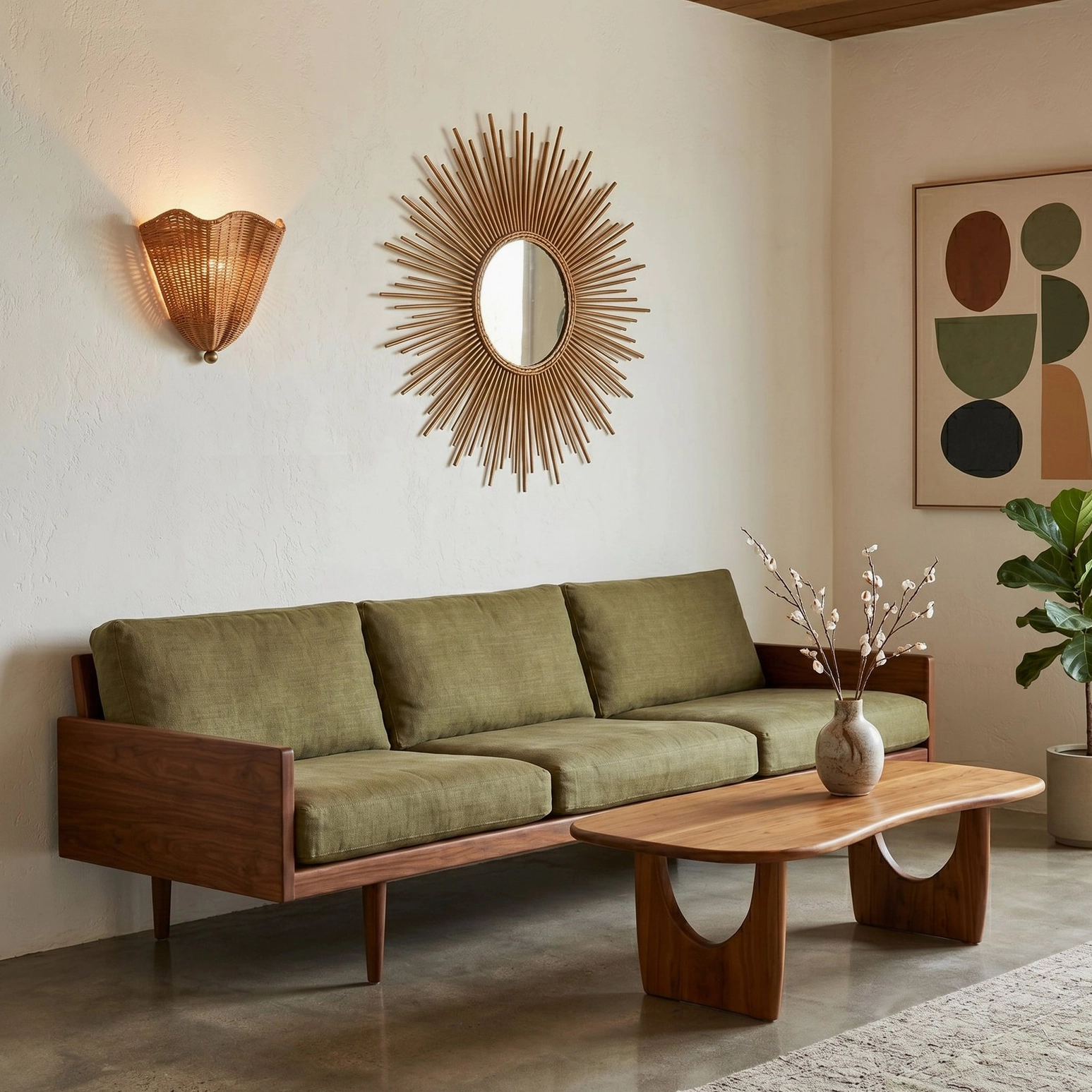 Sarasota rattan sconce beside sunburst mirror in mid-century modern living room