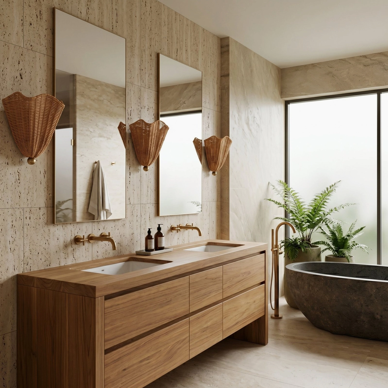 Sarasota rattan wall sconces flanking double vanity in luxury bathroom, warm ambient lighting