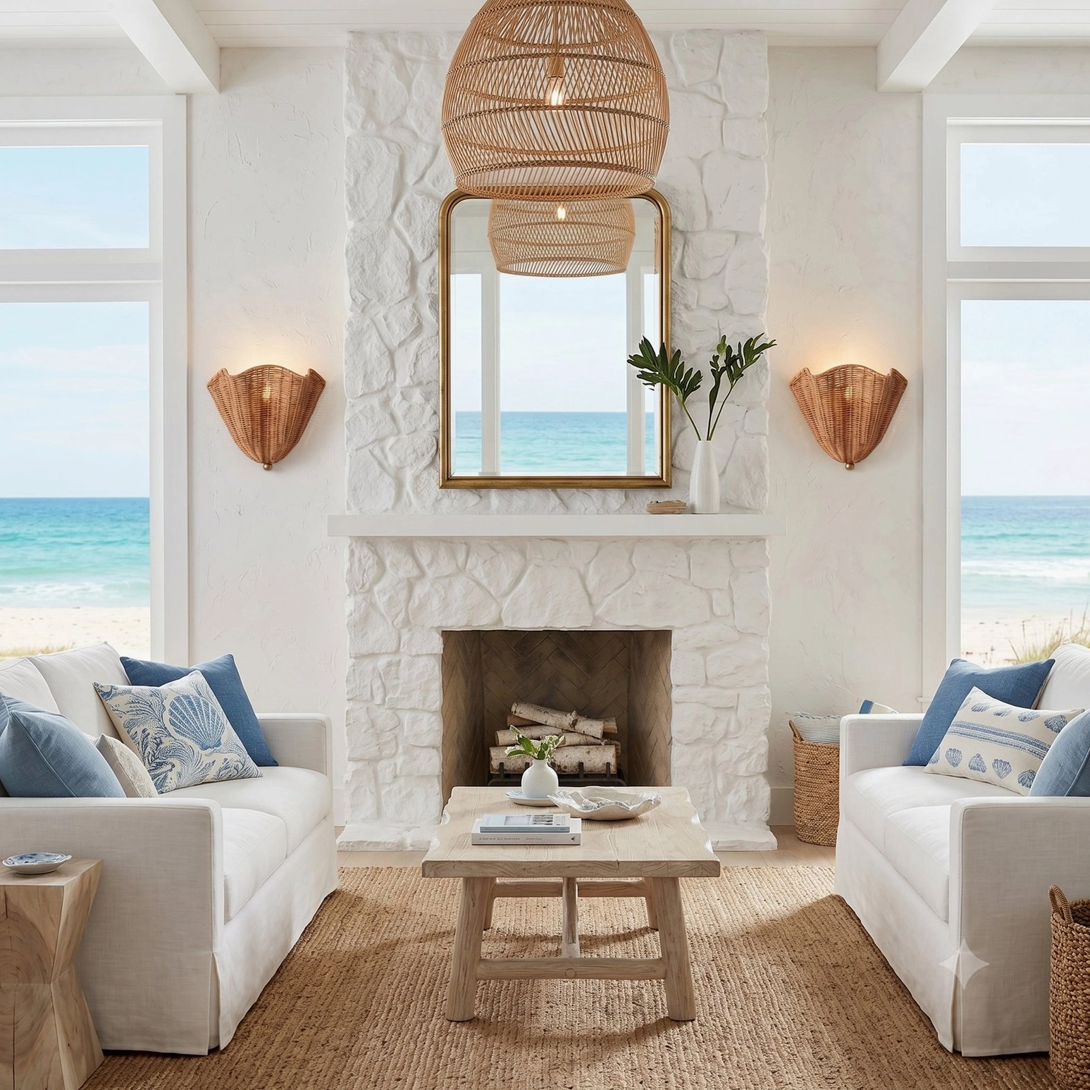 Sarasota rattan wall sconces in beachfront living room with stone fireplace and neutral boho furnishings