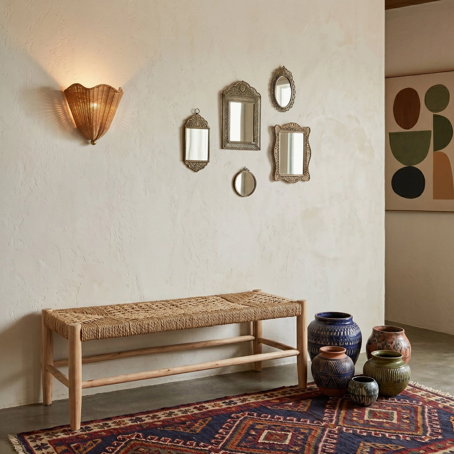 Sarasota rattan sconce in entryway with vintage woven bench and decorative mirrors, coastal bohemian style