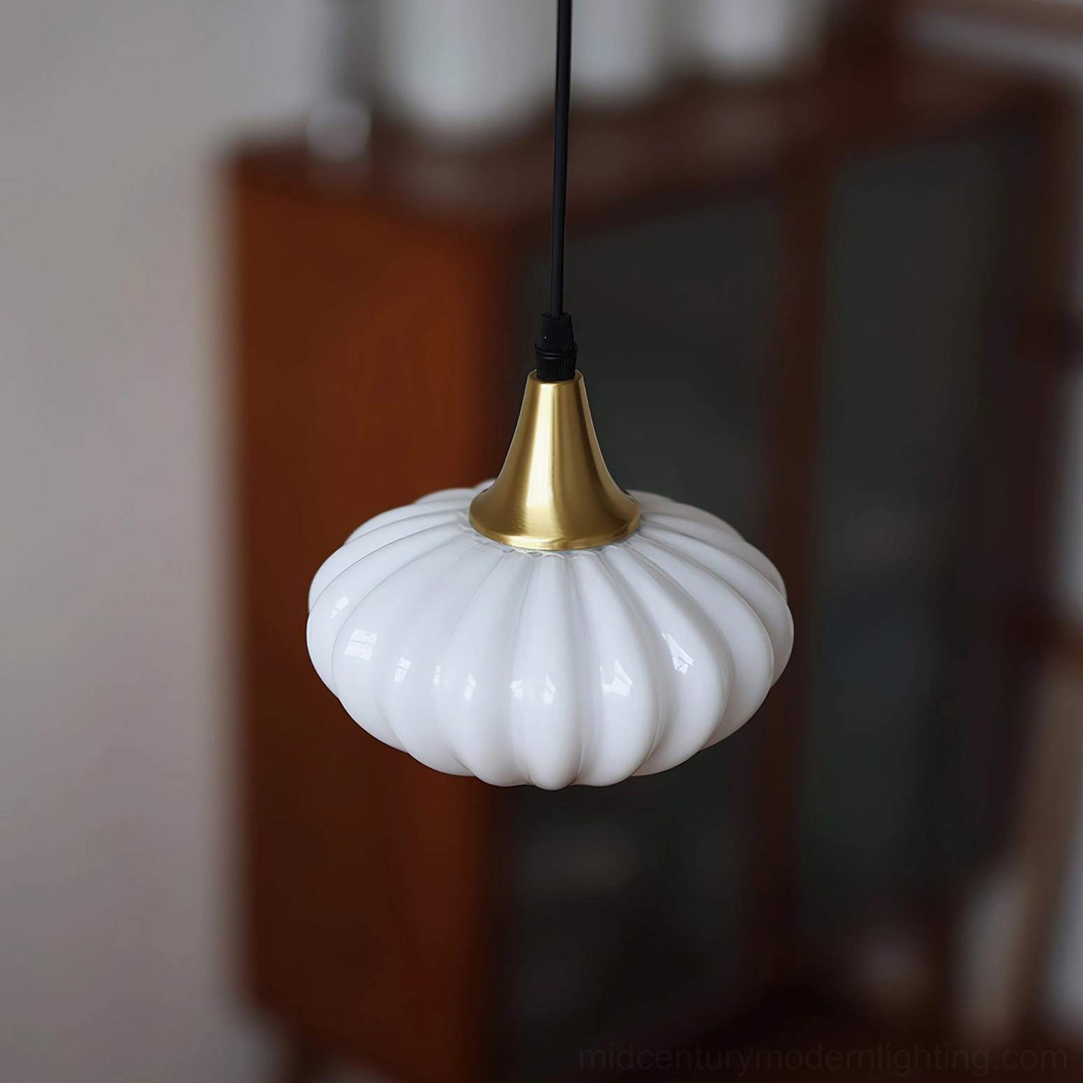 Rayburn hand-blown glass pendant light in mid-century modern home setting with vintage furnishings