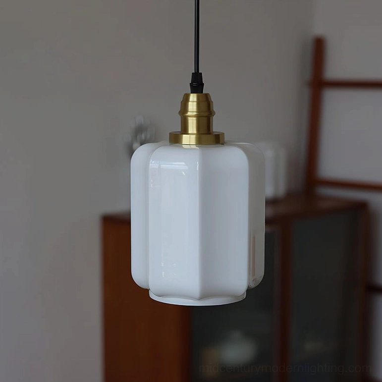 Rayburn Model B pendant light 5.9 inch diameter brass and white milk glass mid-century modern lighting