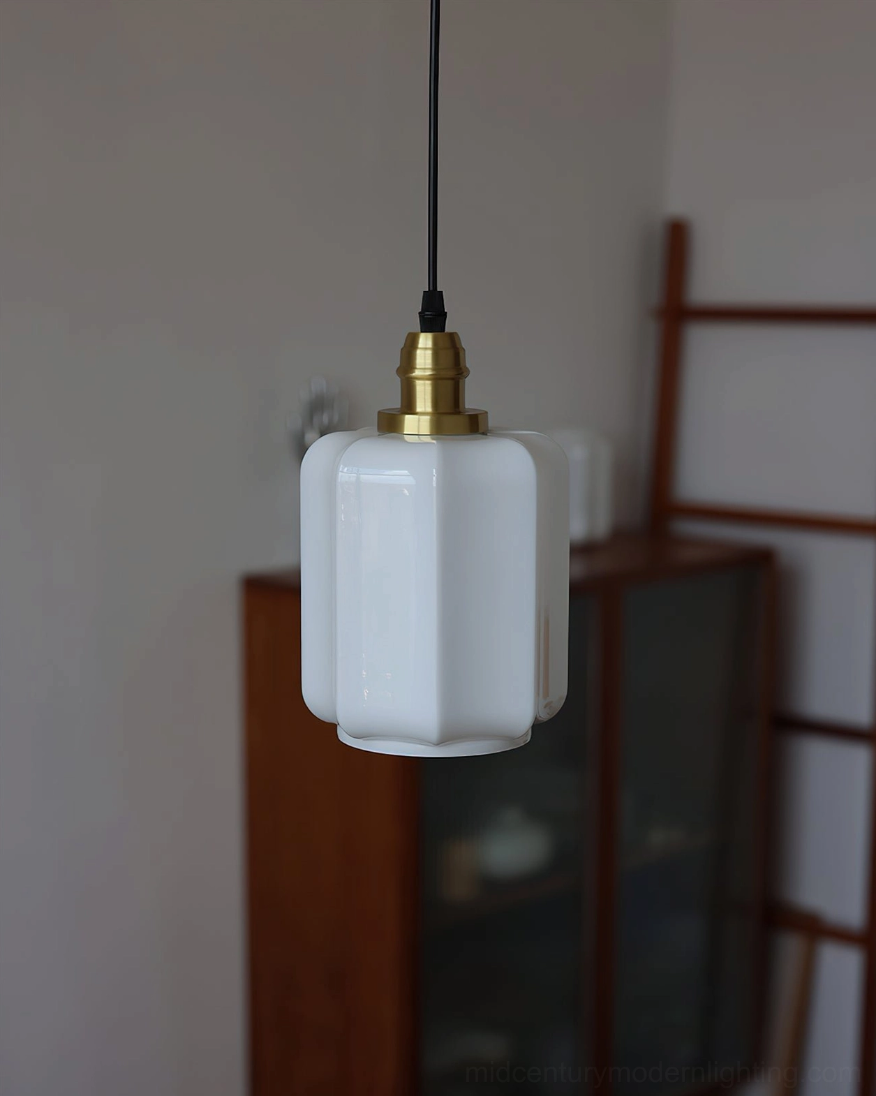 Rayburn mid-century modern pendant light fixture detail showing brass hardware and ribbed glass construction