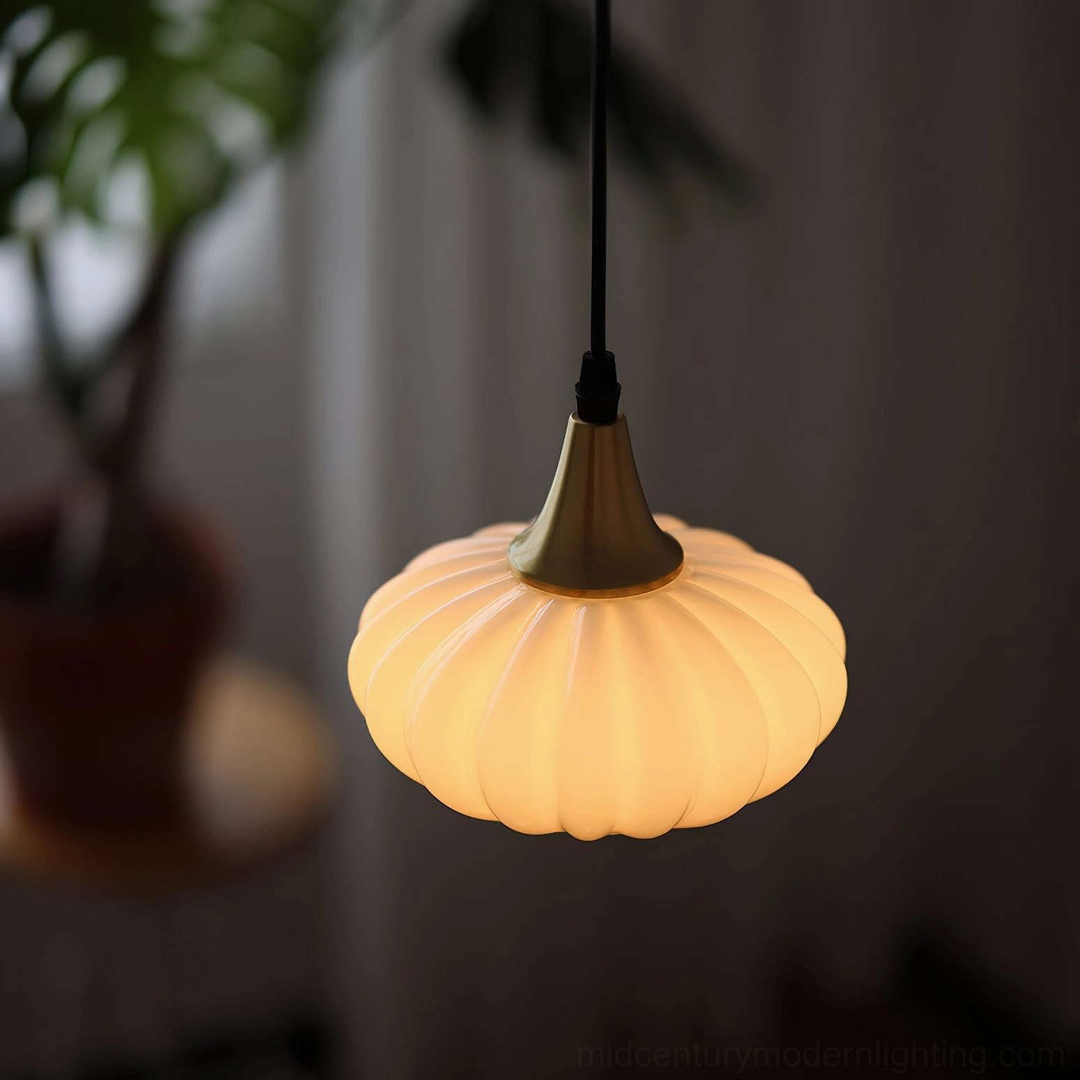Rayburn pumpkin pendant light glowing warm yellow in cozy home with potted plant, low angle view