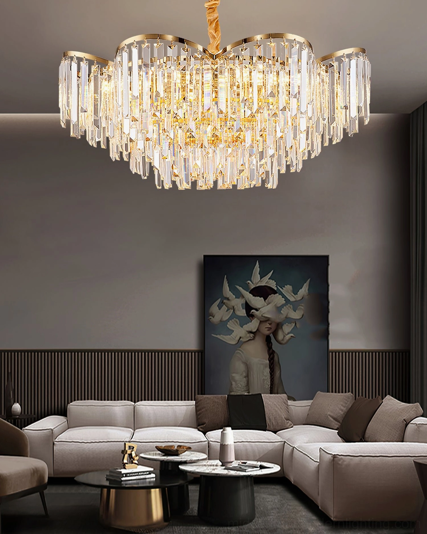 Rectangular crystal chandelier with extended gold frame and multiple hanging crystal prisms