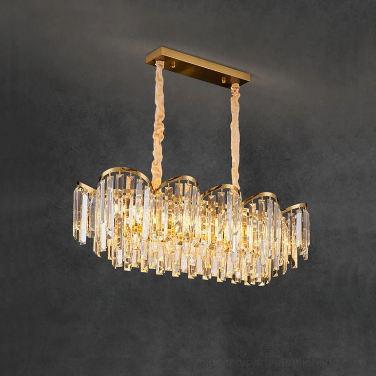 Standard rectangular crystal chandelier with balanced crystal prism configuration and gold metal canopy
