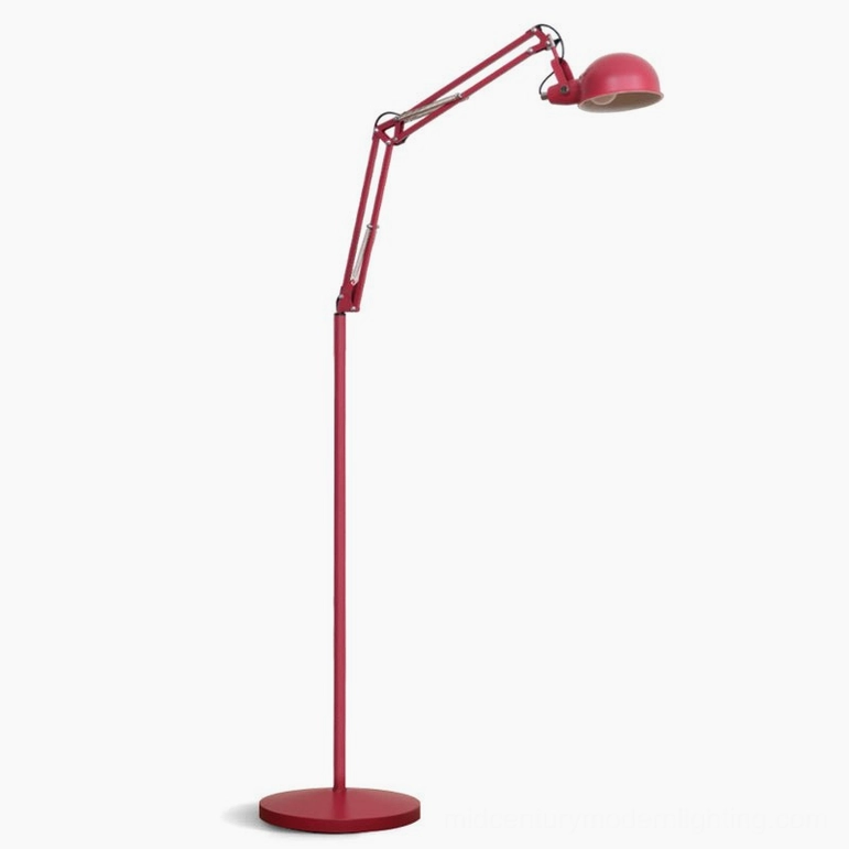 Red adjustable swing arm floor lamp with weighted circular base, frontal static view on white studio background