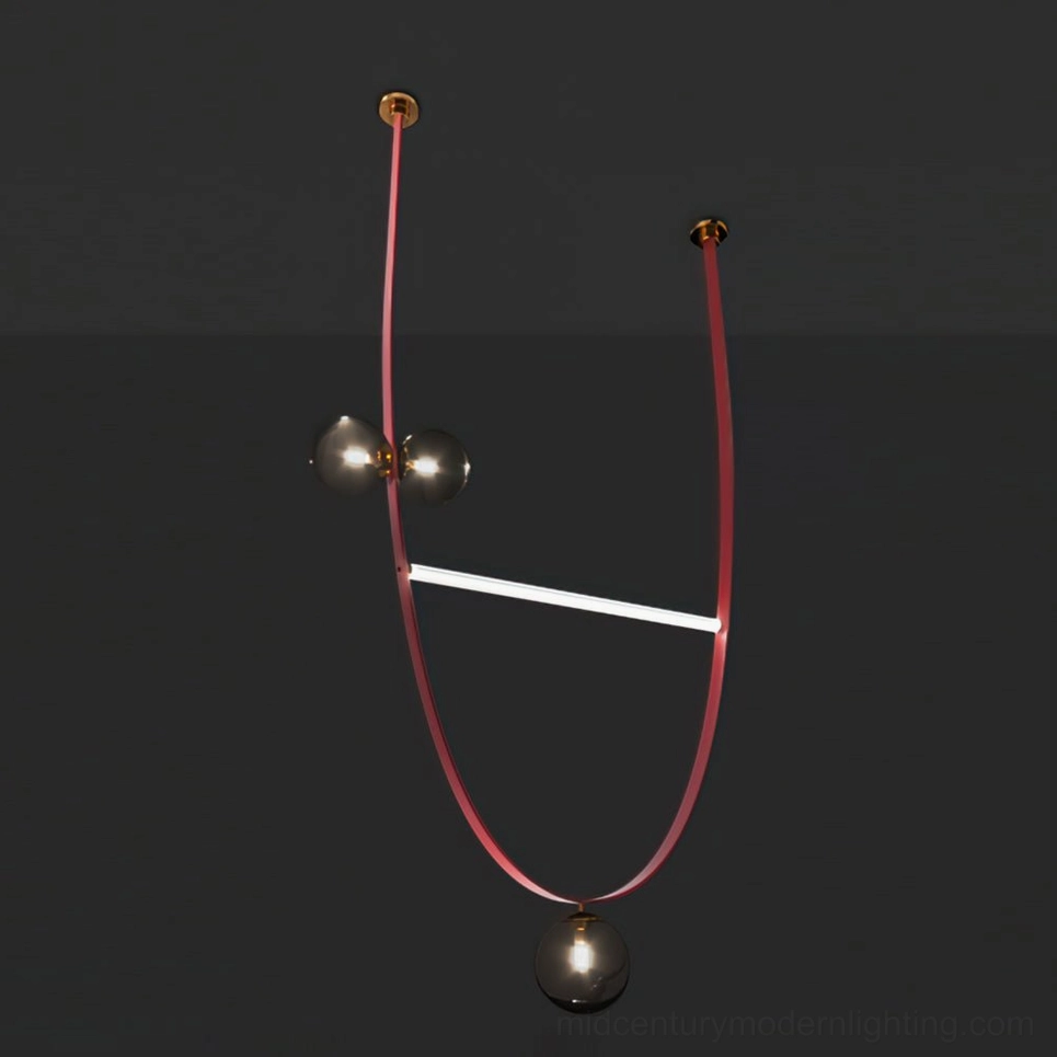 Red leather strap sculptural ball pendant chandelier with glass orbs and LED lighting in contemporary design style