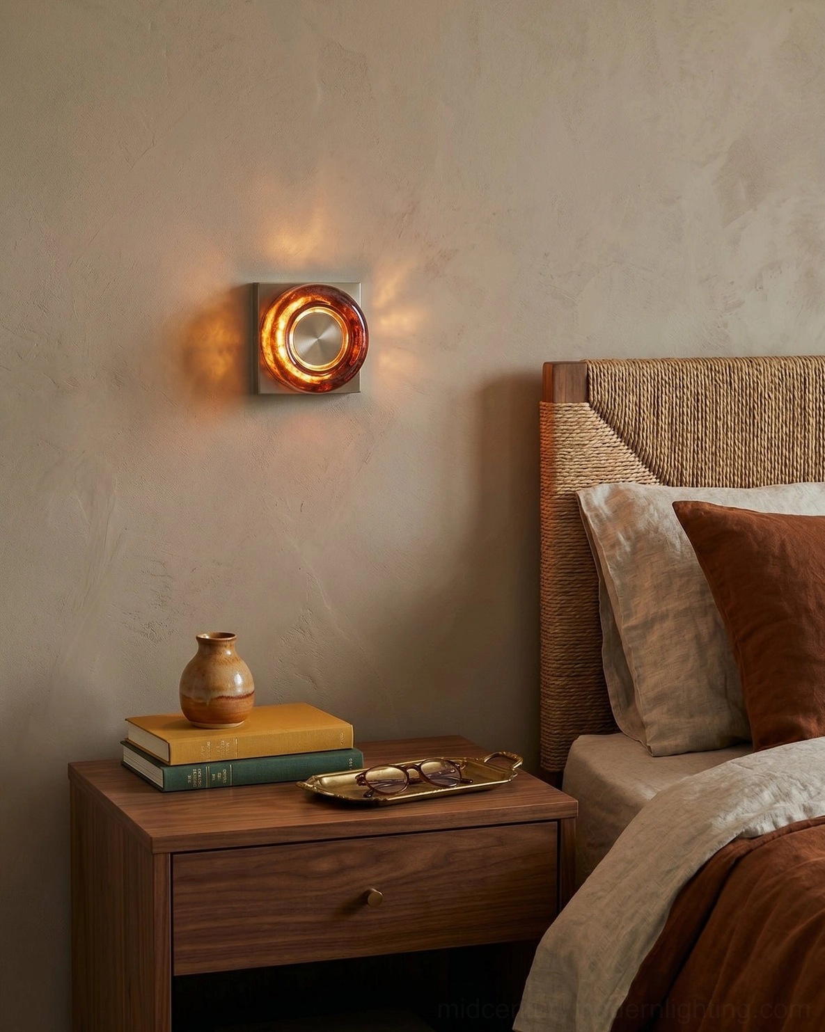 Single red circular wall sconce above wooden nightstand with linen bedding in cozy bedroom nook