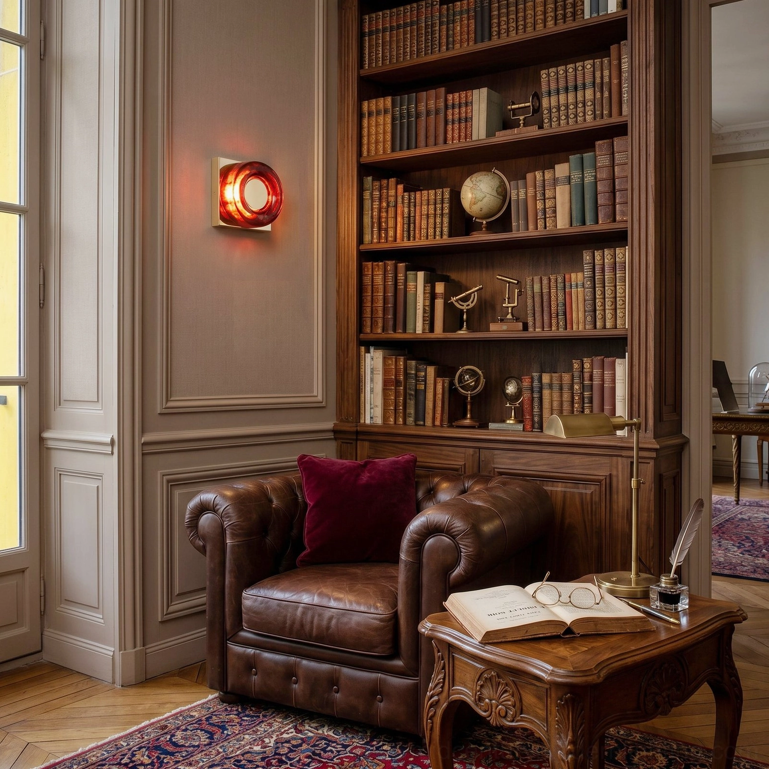 Red wall sconce illuminating vintage home study library with built-in bookshelves and leather reading chair