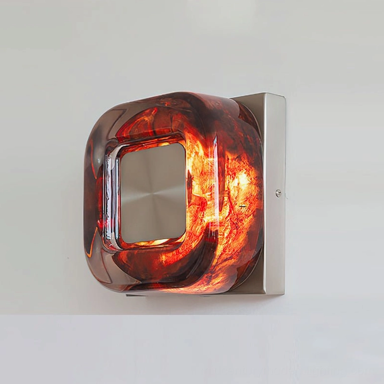 Red circular wall sconce with satin nickel frame in neutral bedroom interior design