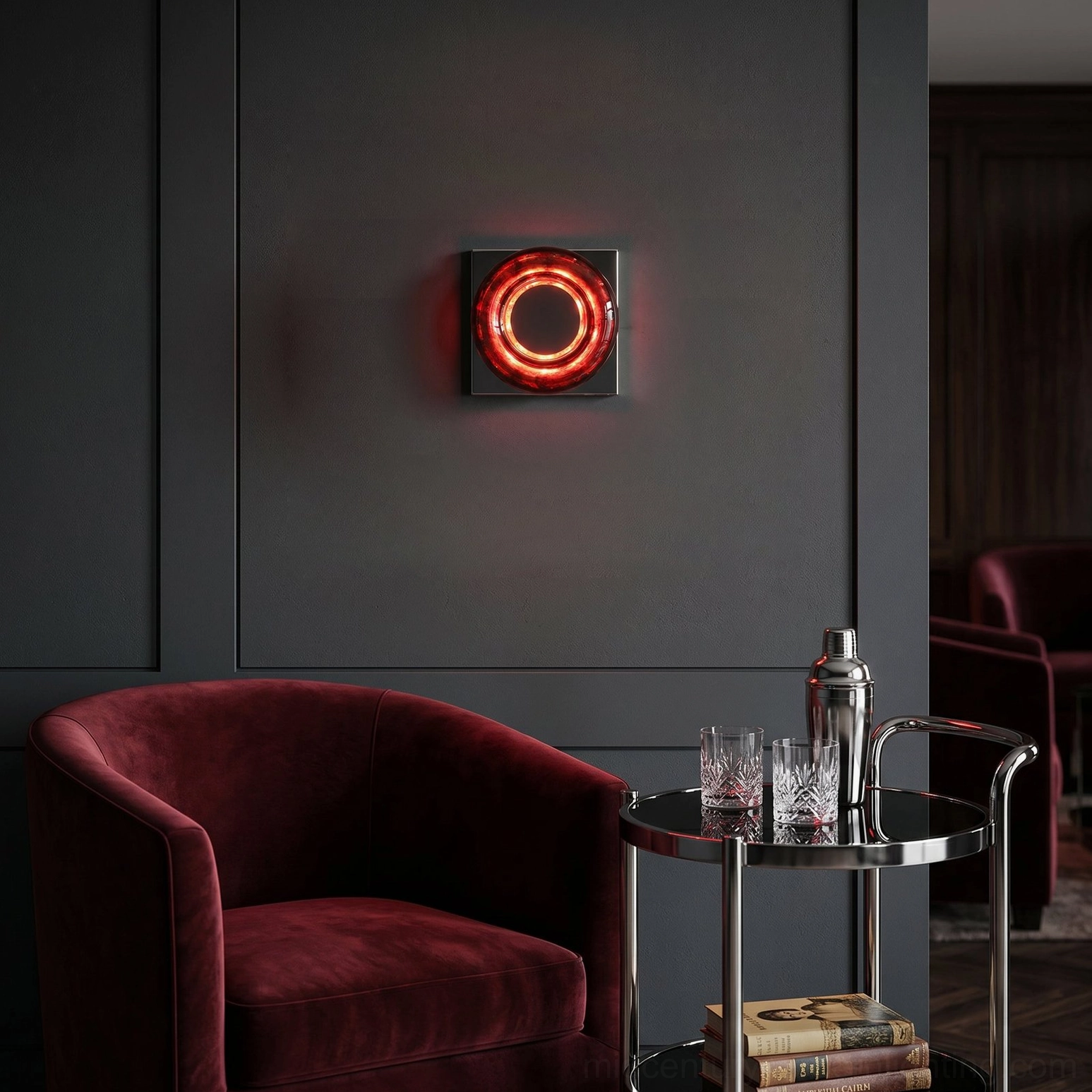 Red circular mid-century modern wall sconce detail with pull chain control mechanism