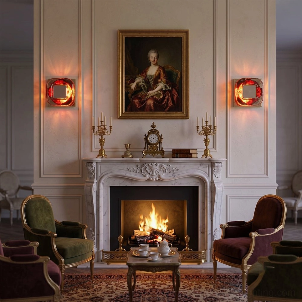 Twin red wall sconces flanking fireplace mantel in formal sitting room with classical portrait and velvet seating