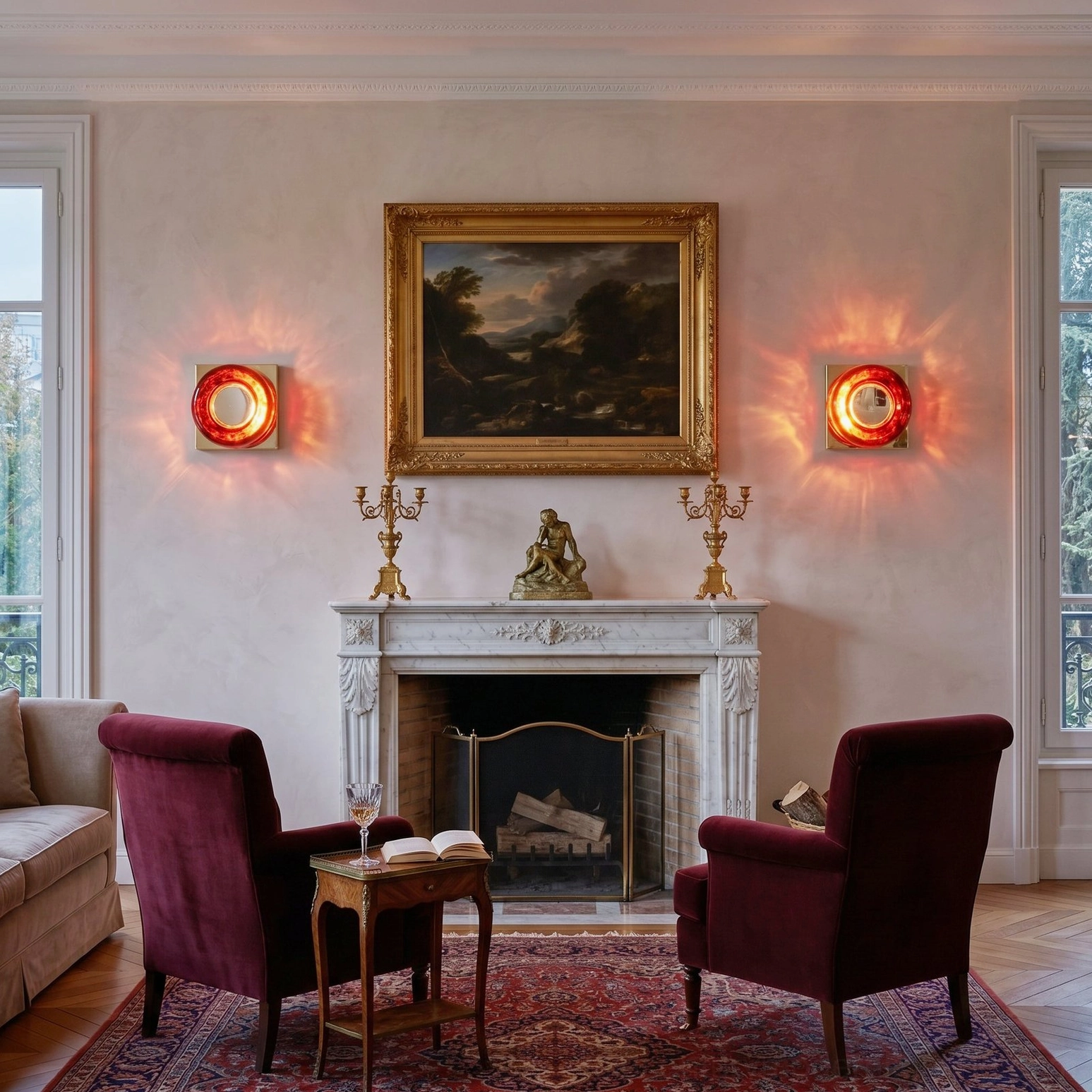 Two red circular sconces providing warm accent lighting in formal fireplace living room lounge