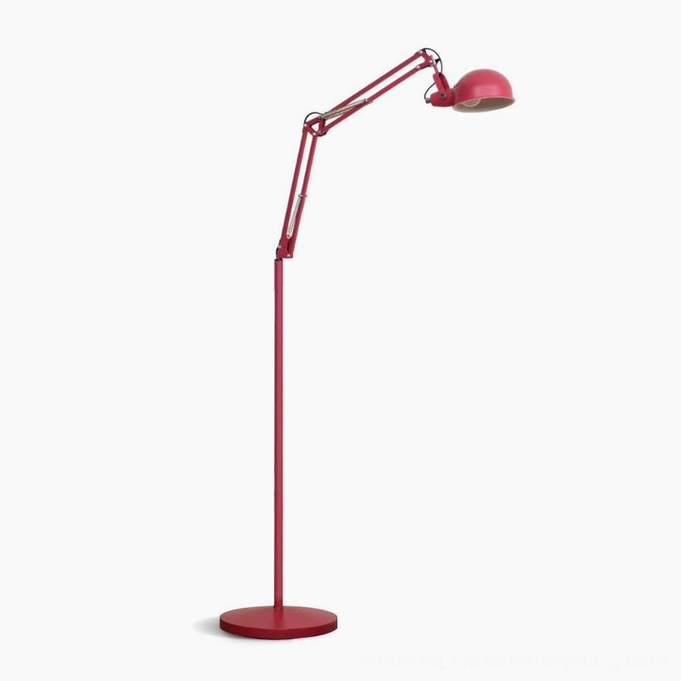 Red adjustable swing arm floor lamp with geometric dome shade, frontal studio view on white background