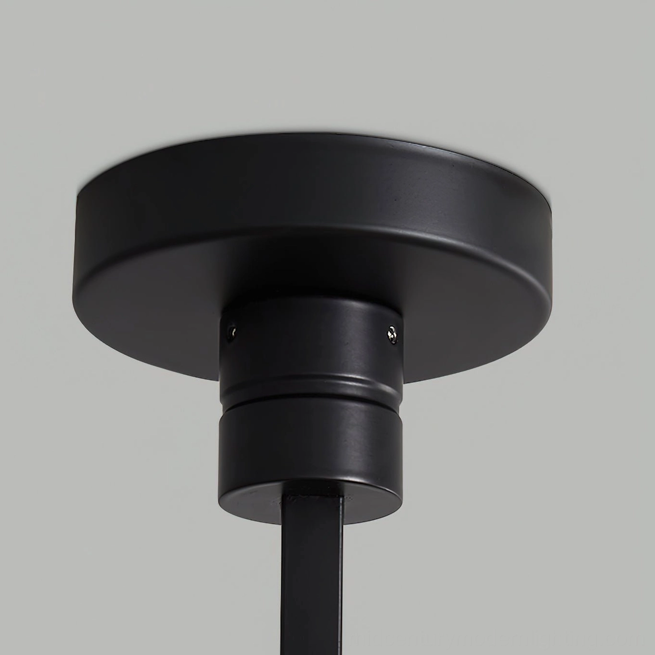 Close-up of Remy ceiling mount base showing matte black metal hardware and secure installation screws on neutral gray background