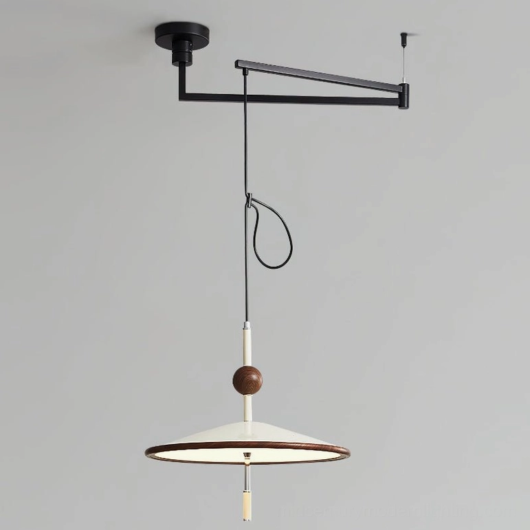 Remy swing arm pendant light full view showing adjustable arm mechanism and sculptural design in cream or walnut finish on gray background