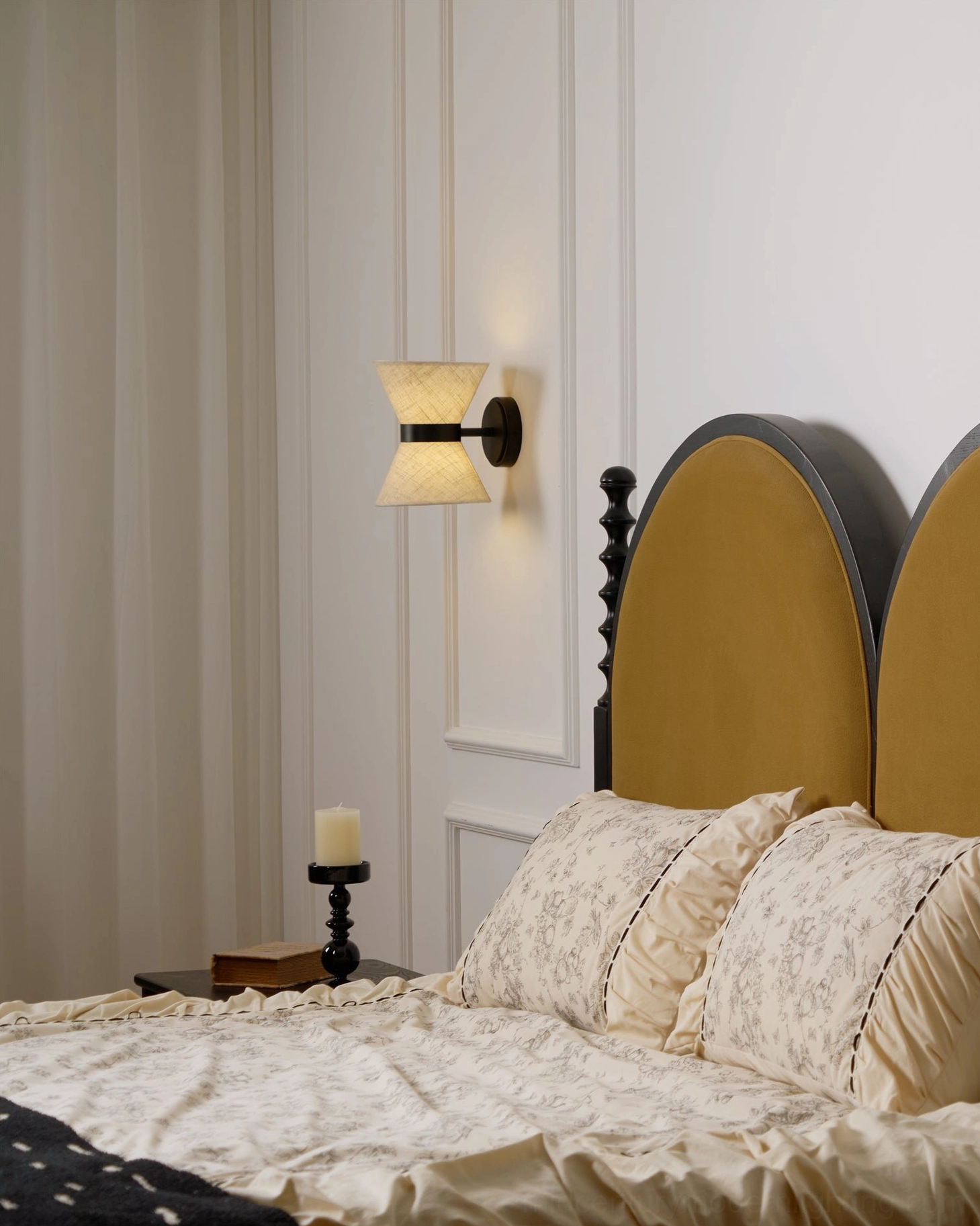 Renwick wall sconce with linen shade and metal frame architectural lighting design