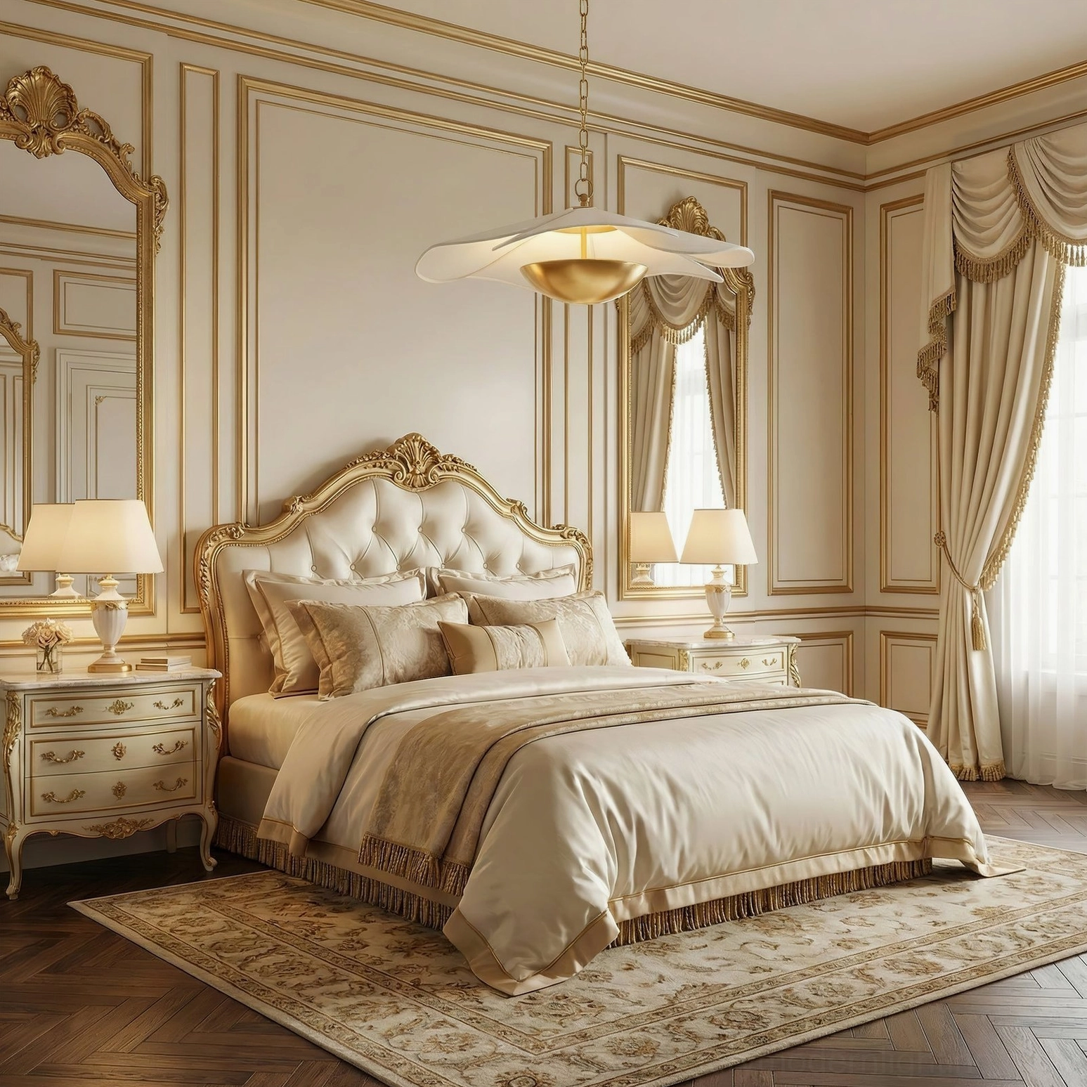 Ressi pendant light in luxurious neoclassical master bedroom, soft white shade with brass hardware creating restful ambiance