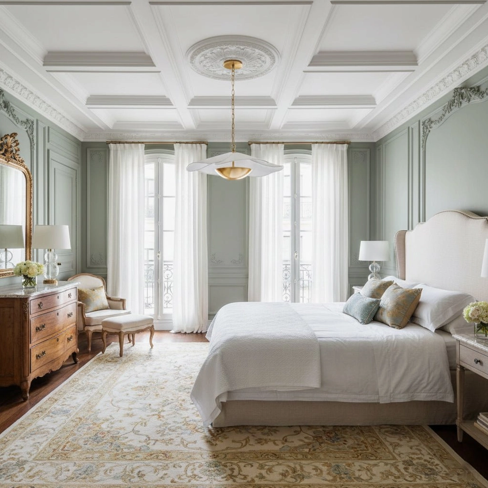 Ressi pendant light in bright calm transitional bedroom, neutral soft luxury decor with warm metallic accents
