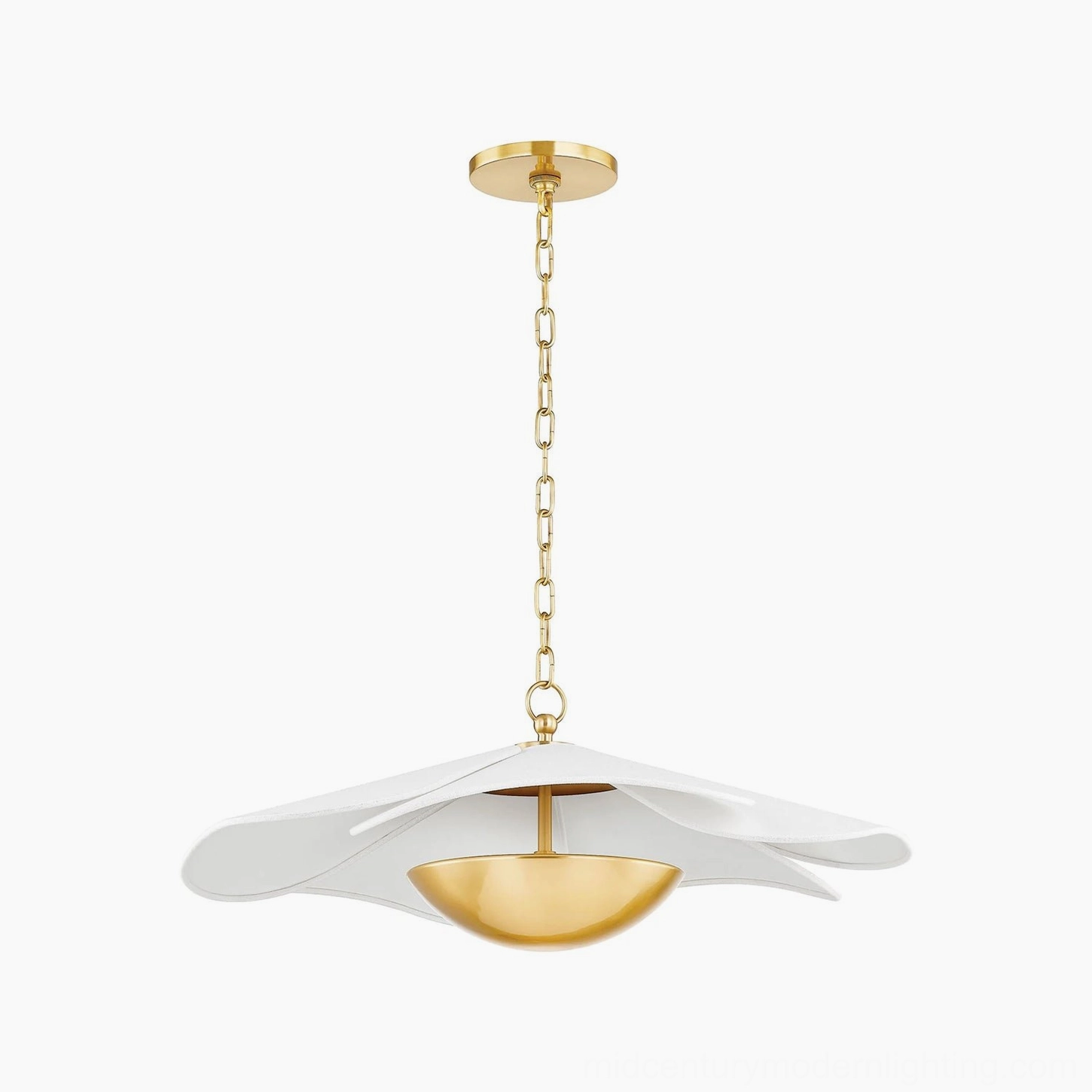 Ressi pendant light bottom front view, exposed brass interior bowl and layered white petal shades, studio background