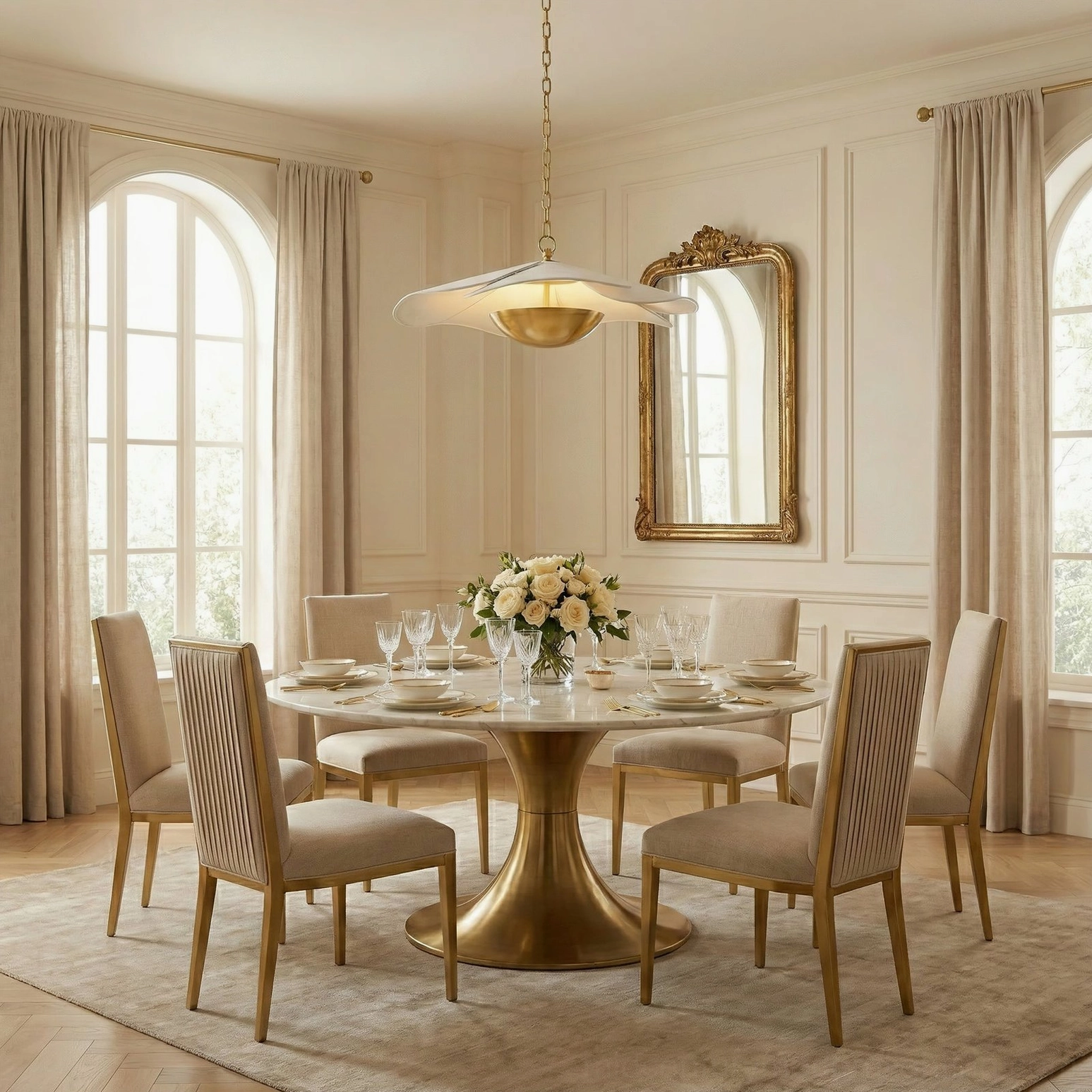 Ressi pendant light suspended above dining table in bright classic dining space, warm-toned elegant interior setting