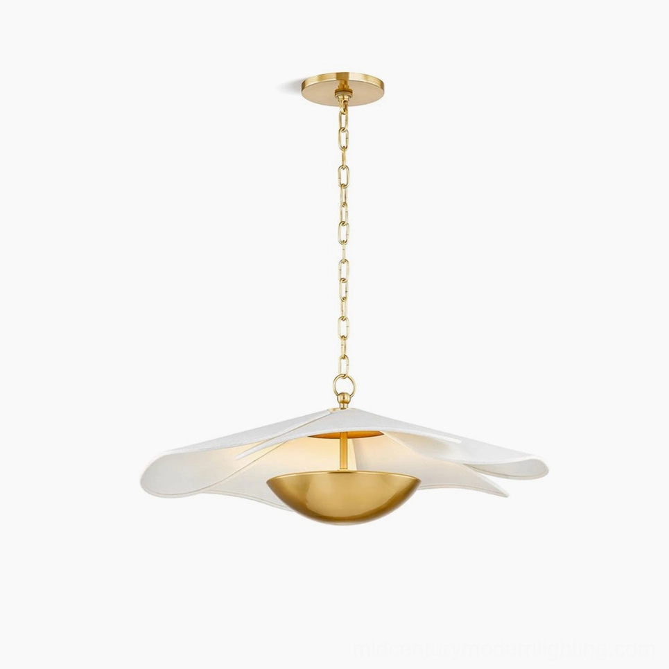 Ressi modern pendant light with white layered fabric shade and polished brass accents, front overhead view against white studio background