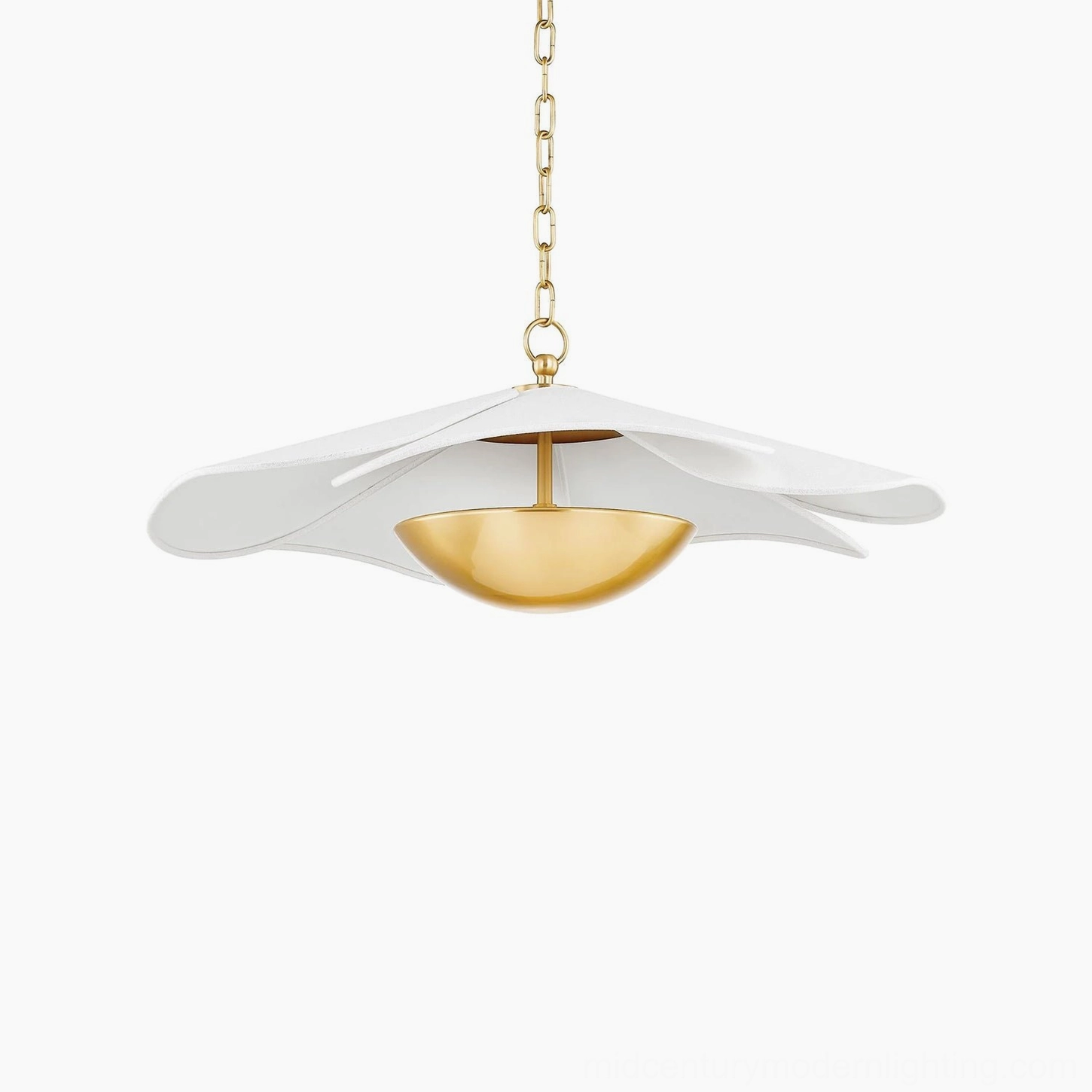 Ressi pendant light full close-up view, brass chain canopy and two-tone white fabric and brass finish, studio lighting