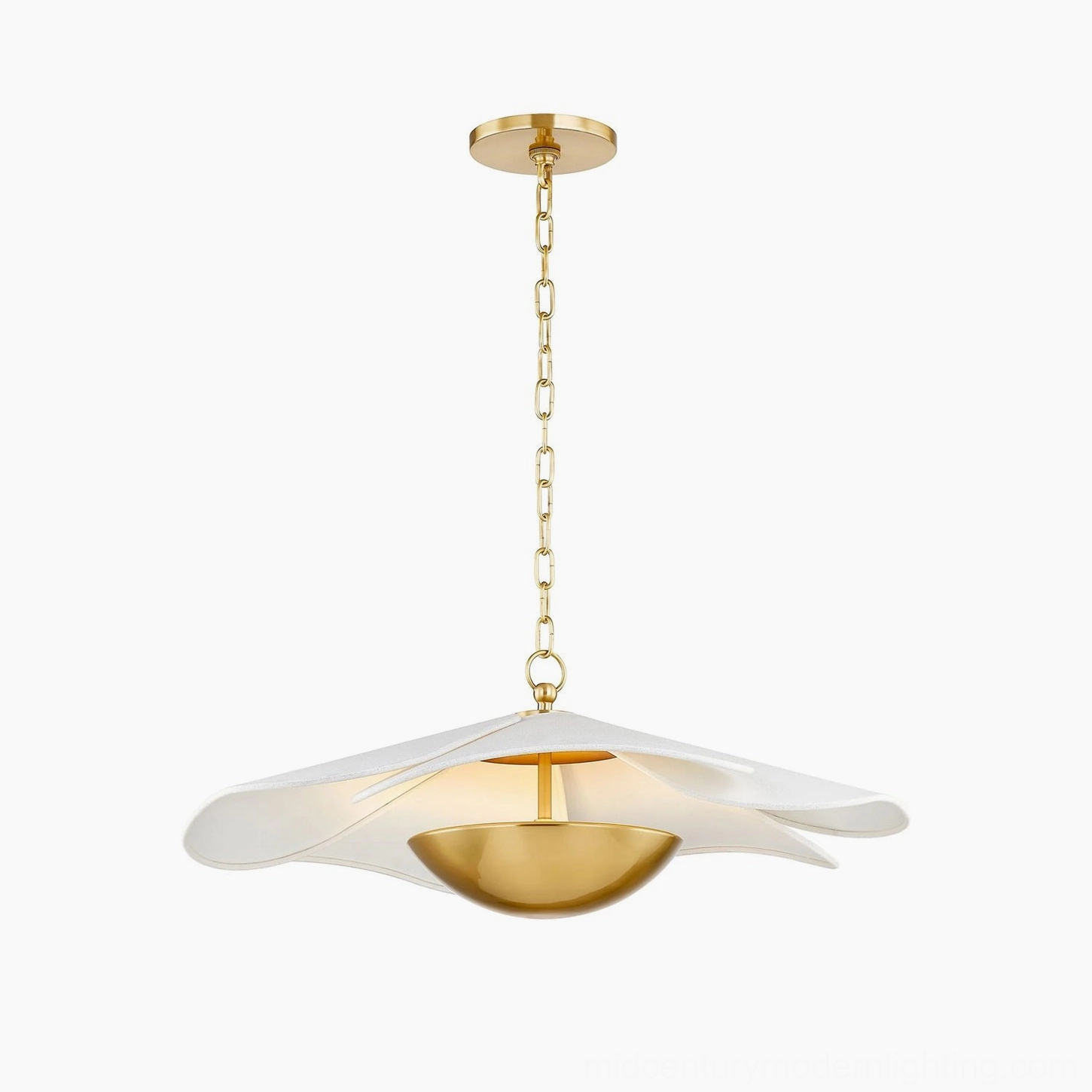 Ressi modern pendant light full product view, white fabric shade with polished brass accents and suspension chain