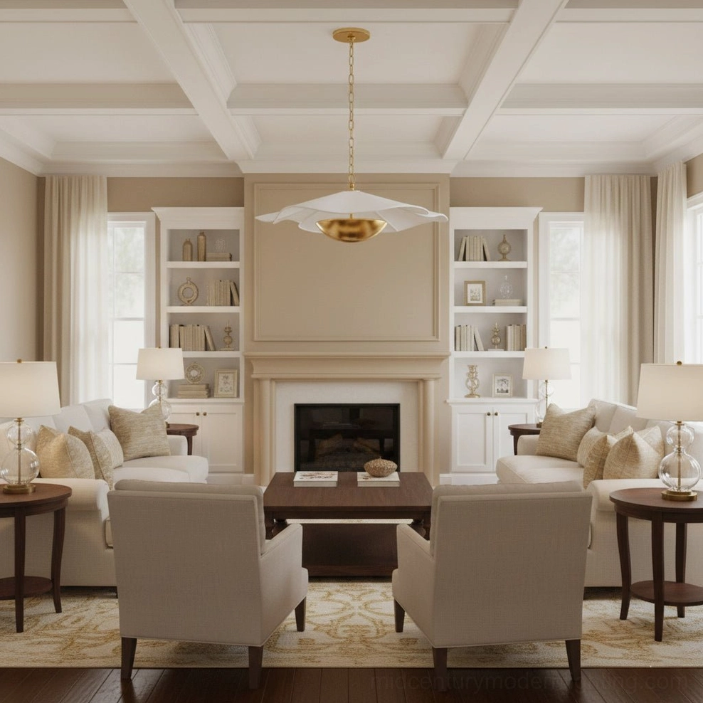 Ressi pendant light in traditional living room with fireplace, demonstrating versatile placement in luxury transitional home decor