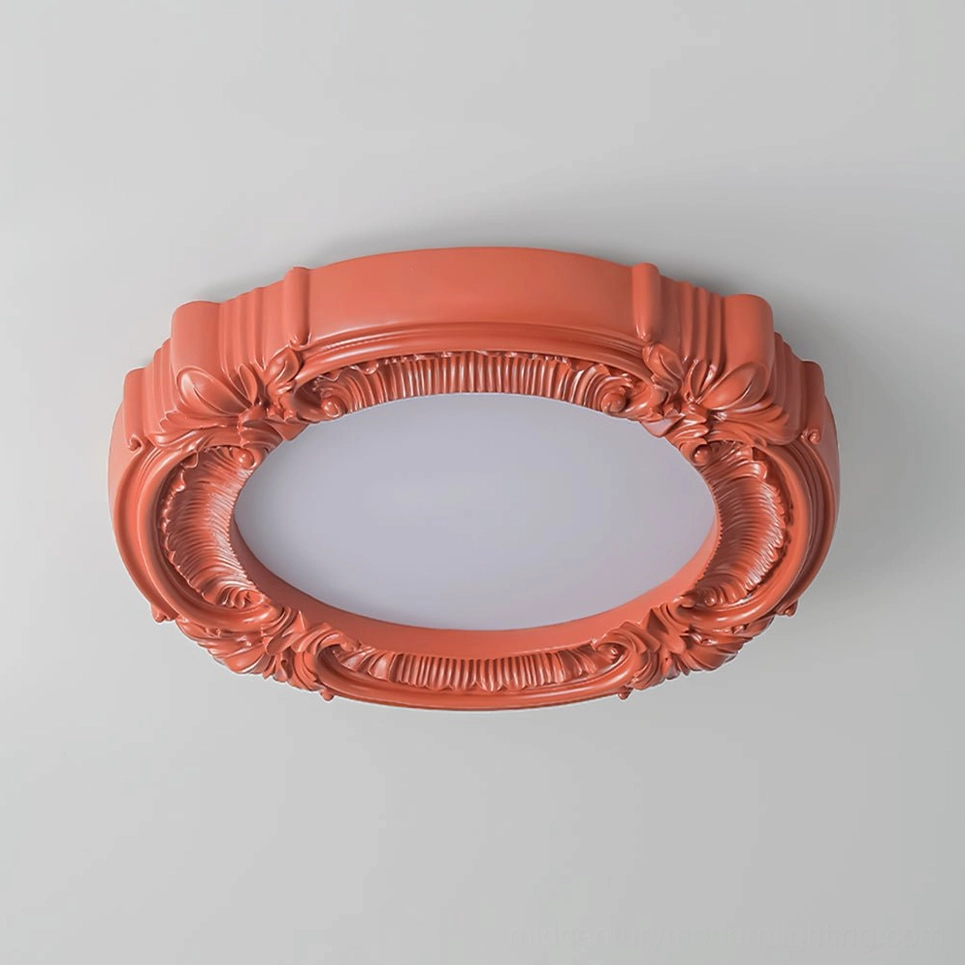 Retro ceiling lamp top-down view showing intricate carved floral details and warm LED illumination