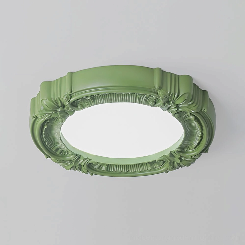 Retro carved ceiling lamp detail shot highlighting intricate resin frame and artistic craftsmanship