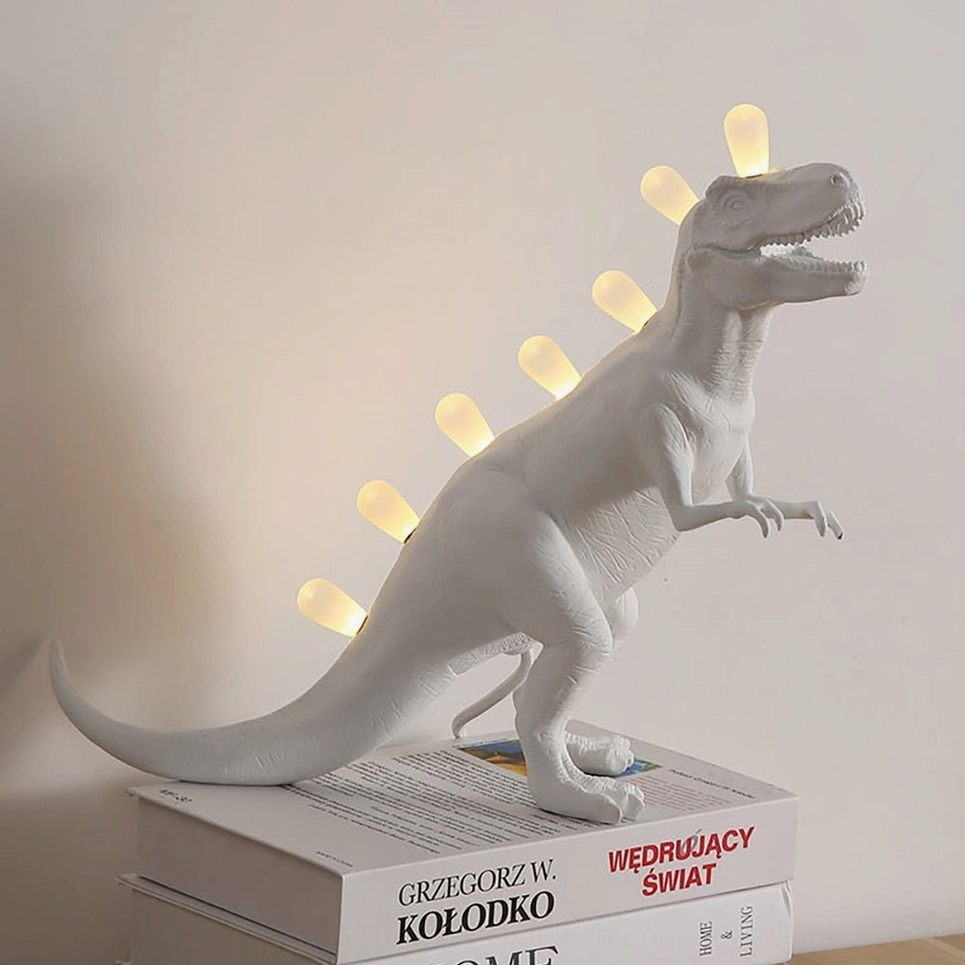 Rex dinosaur table lamp on bookshelf, creative home office lighting solution