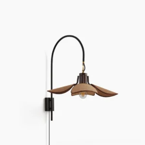 Riankh arc wall lamp front studio view showing petal-shaped fabric shade in warm brown tone, curved metal arm, mid-century modern design