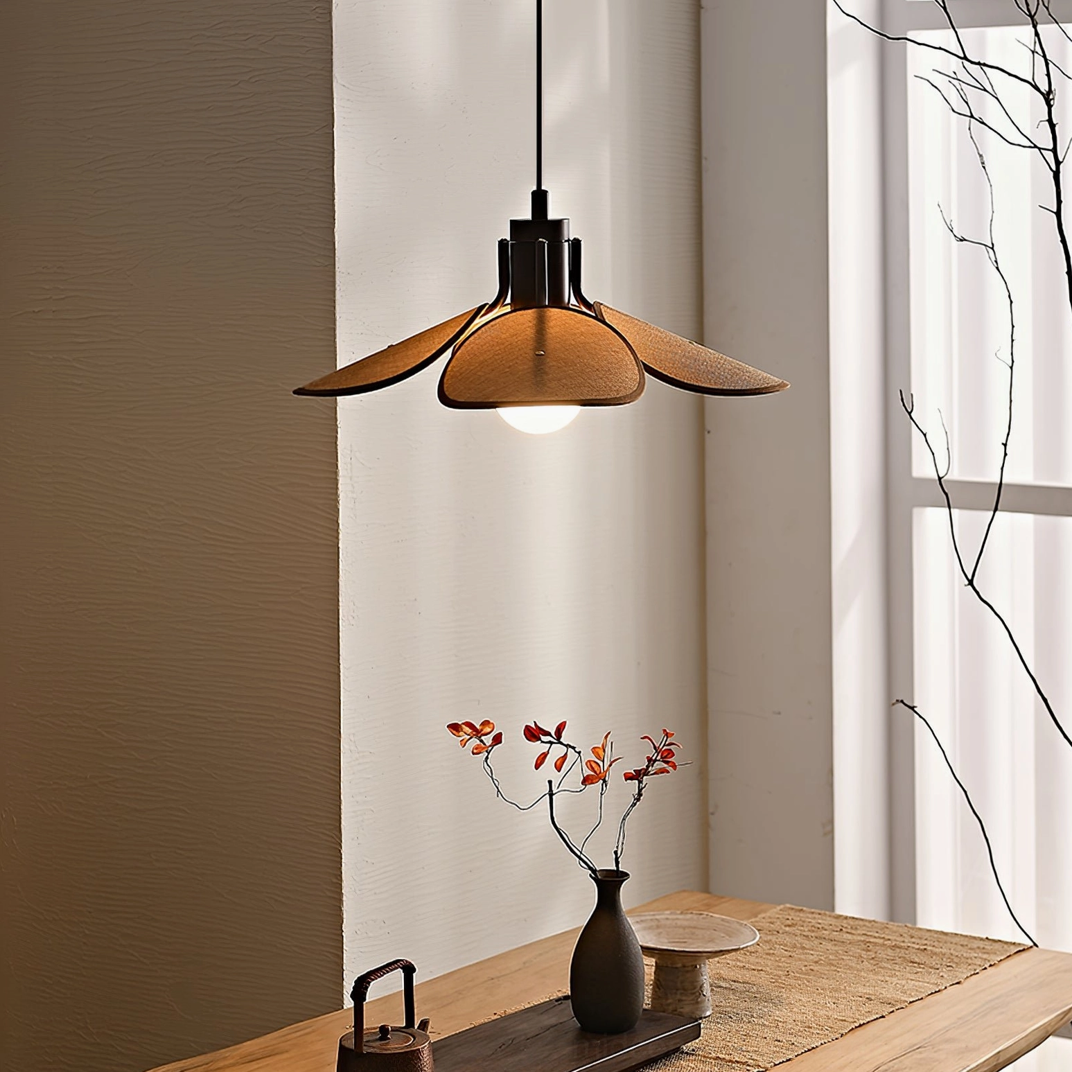 Riankh pendant light color options displayed side by side showing walnut, light brown and dark brown fabric variations