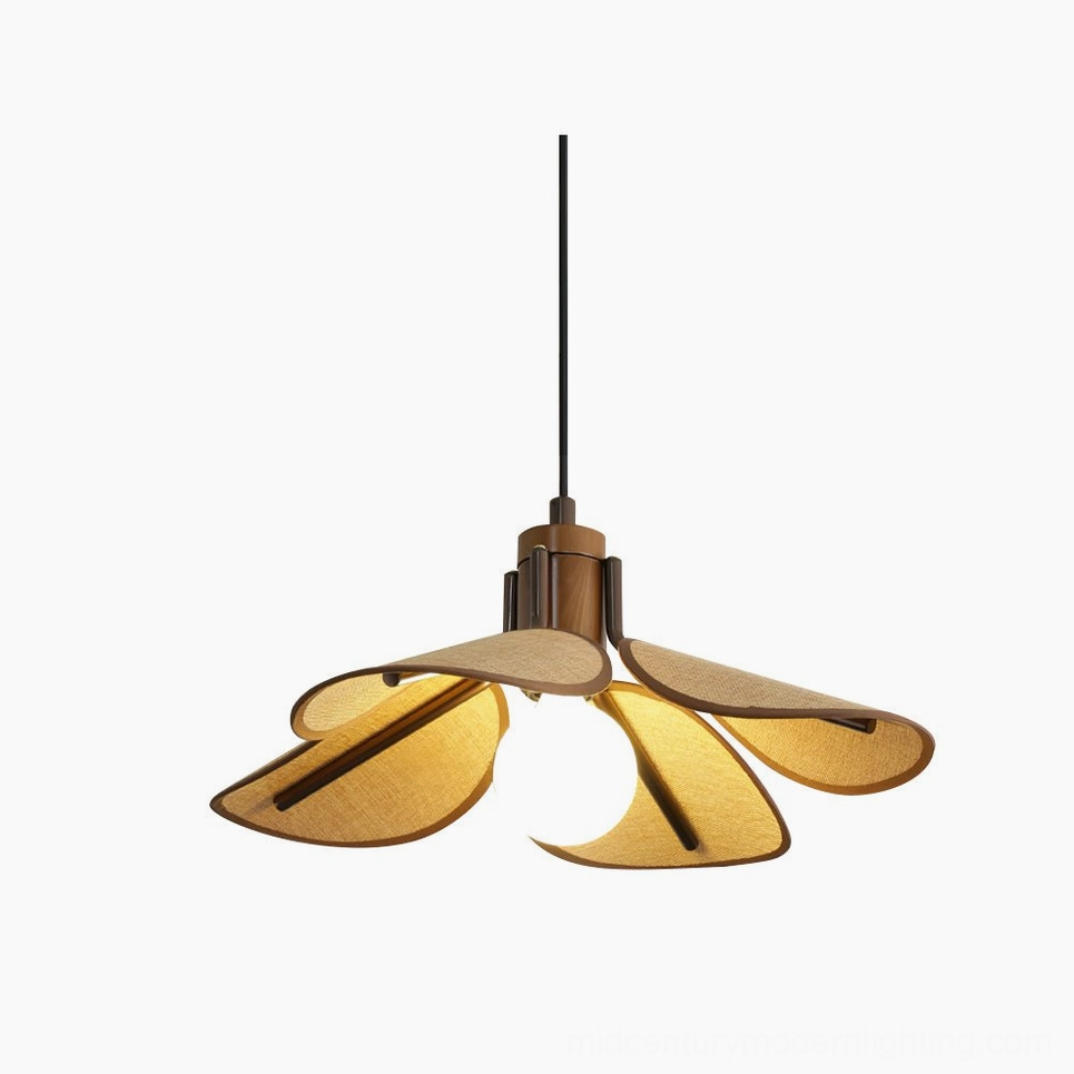 Riankh woven pendant lamp full product view showing petal-inspired shade design and dark metal base assembly