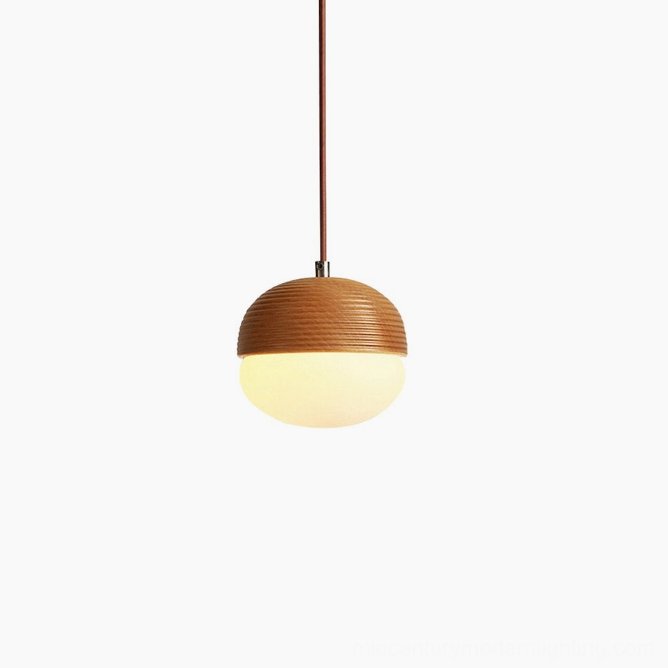 Ribbed beech wood pendant lamp with frosted glass shade mid-century modern minimalist lighting fixture