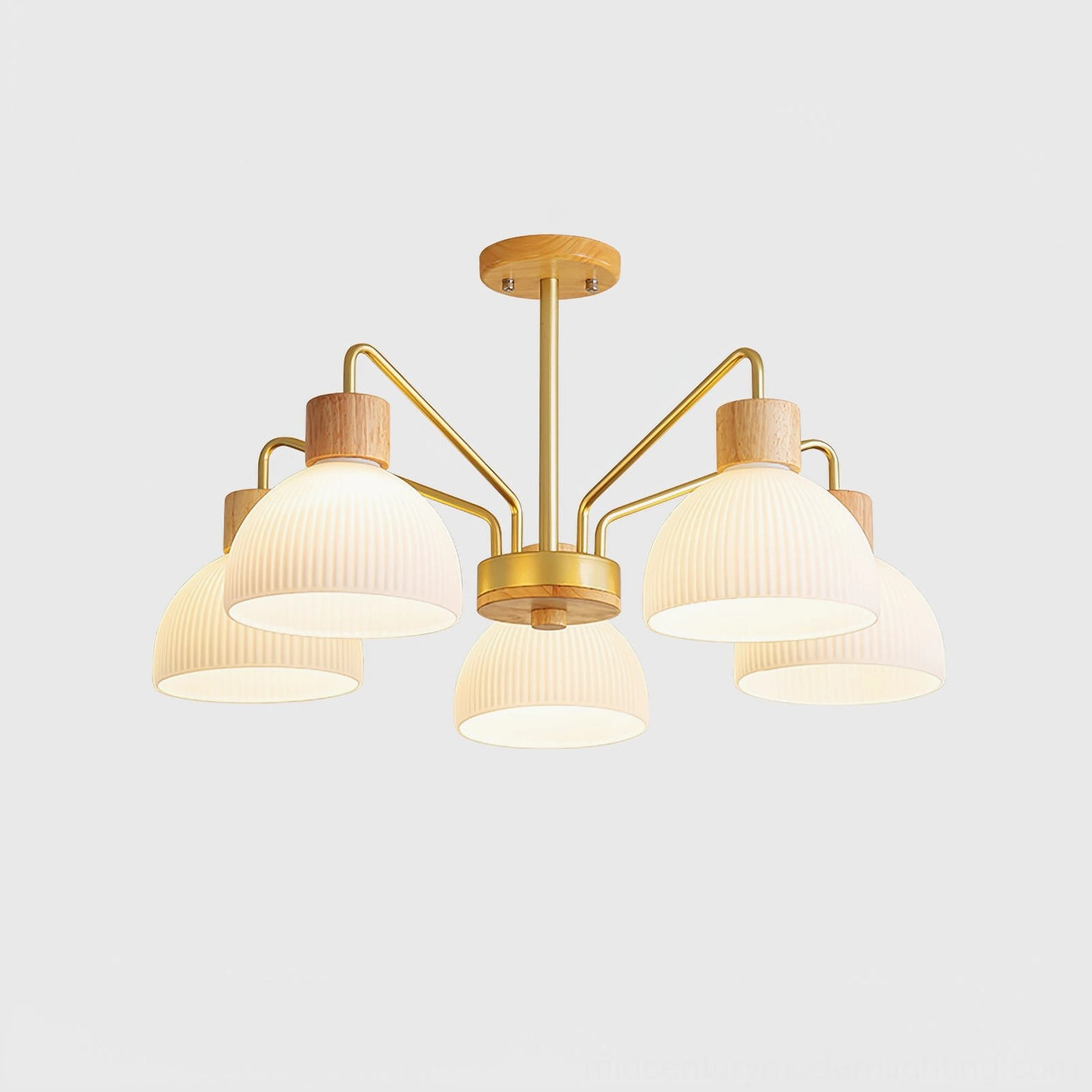 5-head ribbed glass chandelier highlighting wooden base caps and detailed pleated glass texture