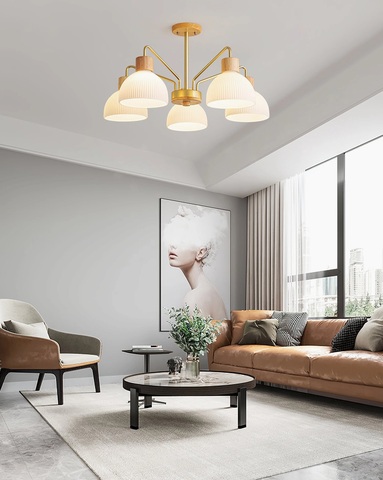 5-head ribbed glass chandelier in bright minimalist modern living room with neutral tones