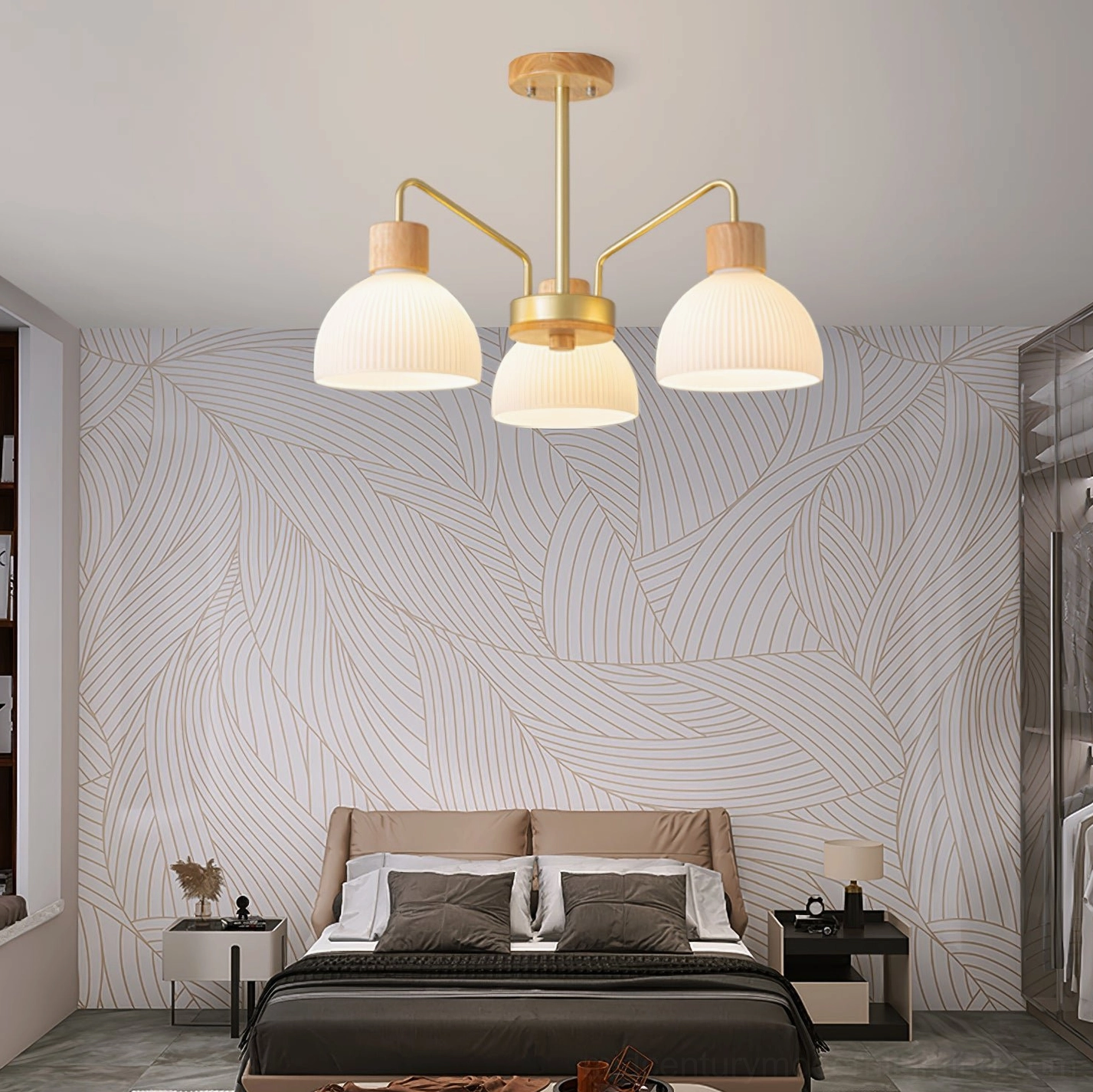 Ribbed glass chandelier in contemporary dining room setting with warm atmospheric lighting