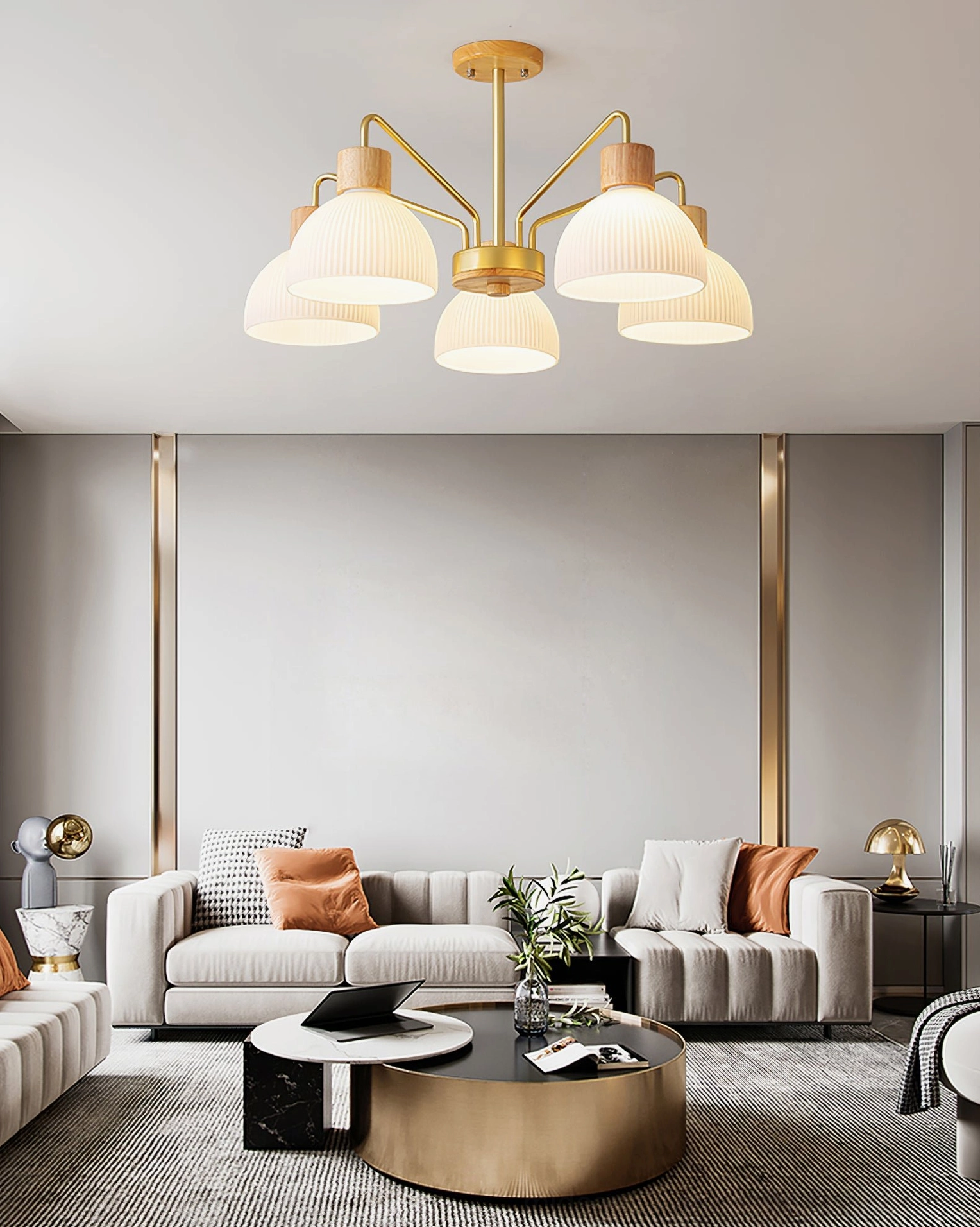 5-head ribbed chandelier in luxury modern living room with metallic gold accents and warm interior decor